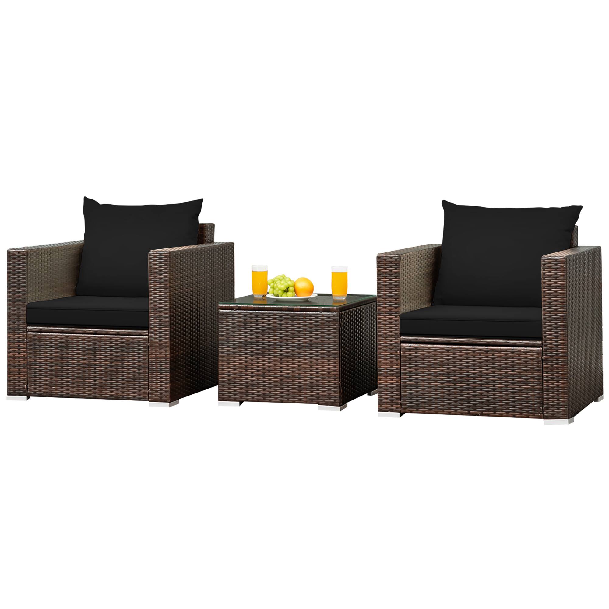 Costway - 3PCS Patio Rattan Furniture Set Conversation Sofa Cushioned - Black