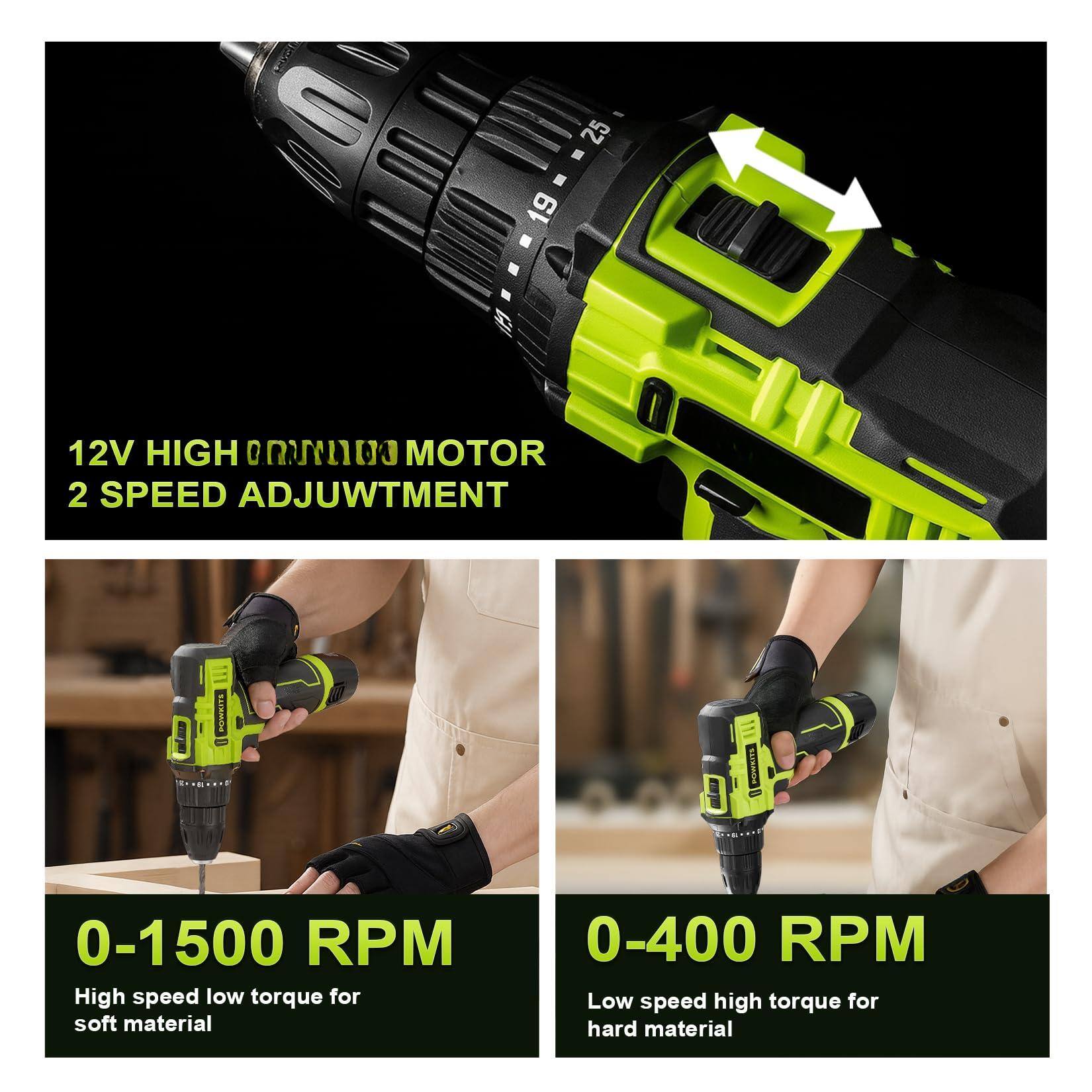 12V HIGH OUTPUT MOTOR  
2 SPEED ADJUSTMENT  

0-1500 RPM  
High speed low torque for soft material  

0-400 RPM  
Low speed high torque for hard material