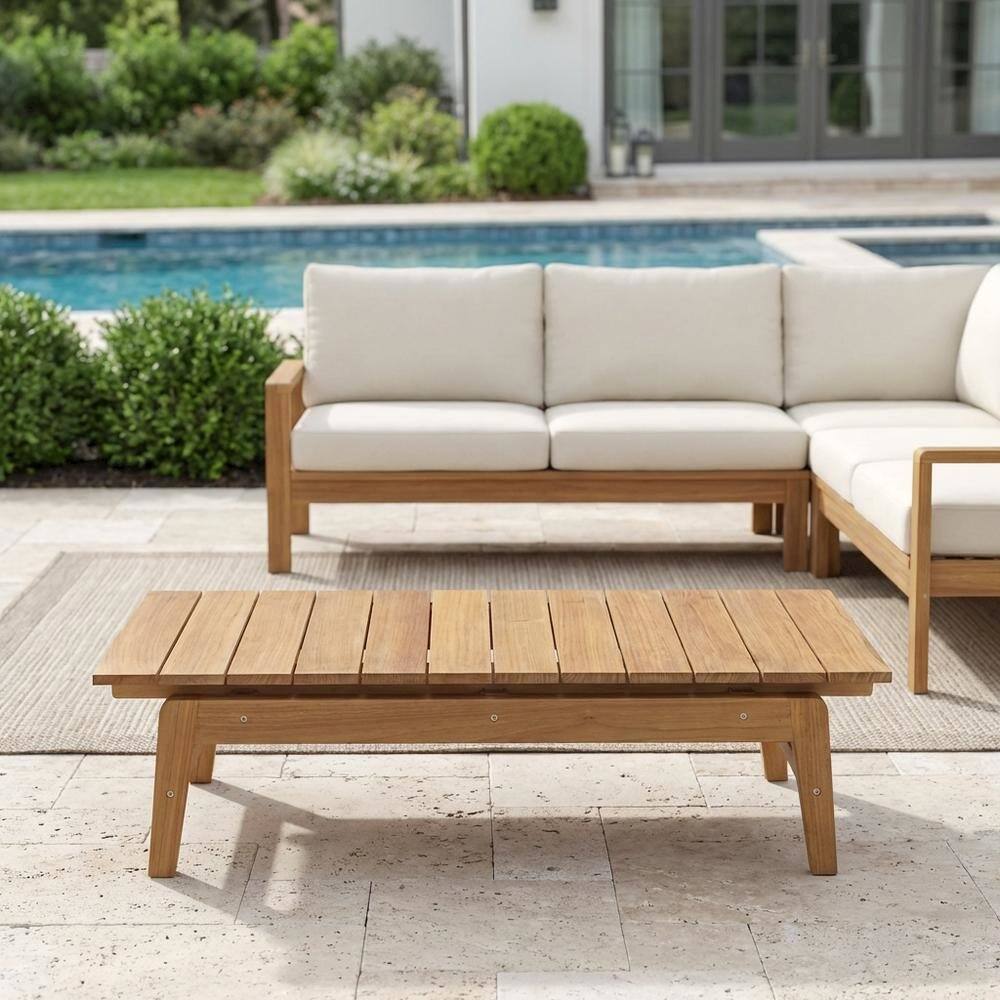 Left. Outdoor Escape - Teak Outdoor Coffee Table with Sleek Design and Durable Construction - Brown.