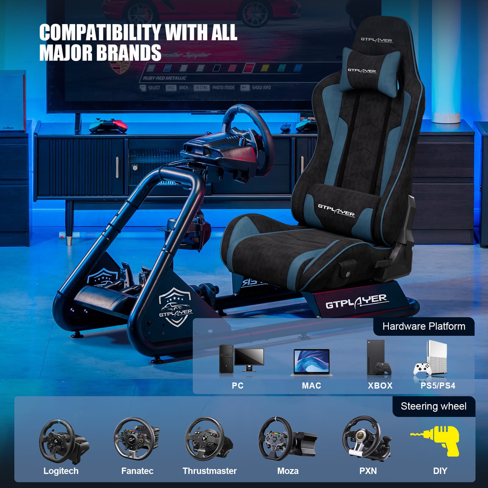 Compatibility with all major brands stn Soydar RUSY ANLD MNTALLIC LR S SERI KNC TOM PHOTO TIODE SHOW EF0 LLUY STPLAYER F GTPLAYER GTPL ER GTPL 1YER Hardware Platform PC MAC XBOX PS5/PS4 Steering wheel Logitech Fanatec Thrustmaster Moza PXN DIY