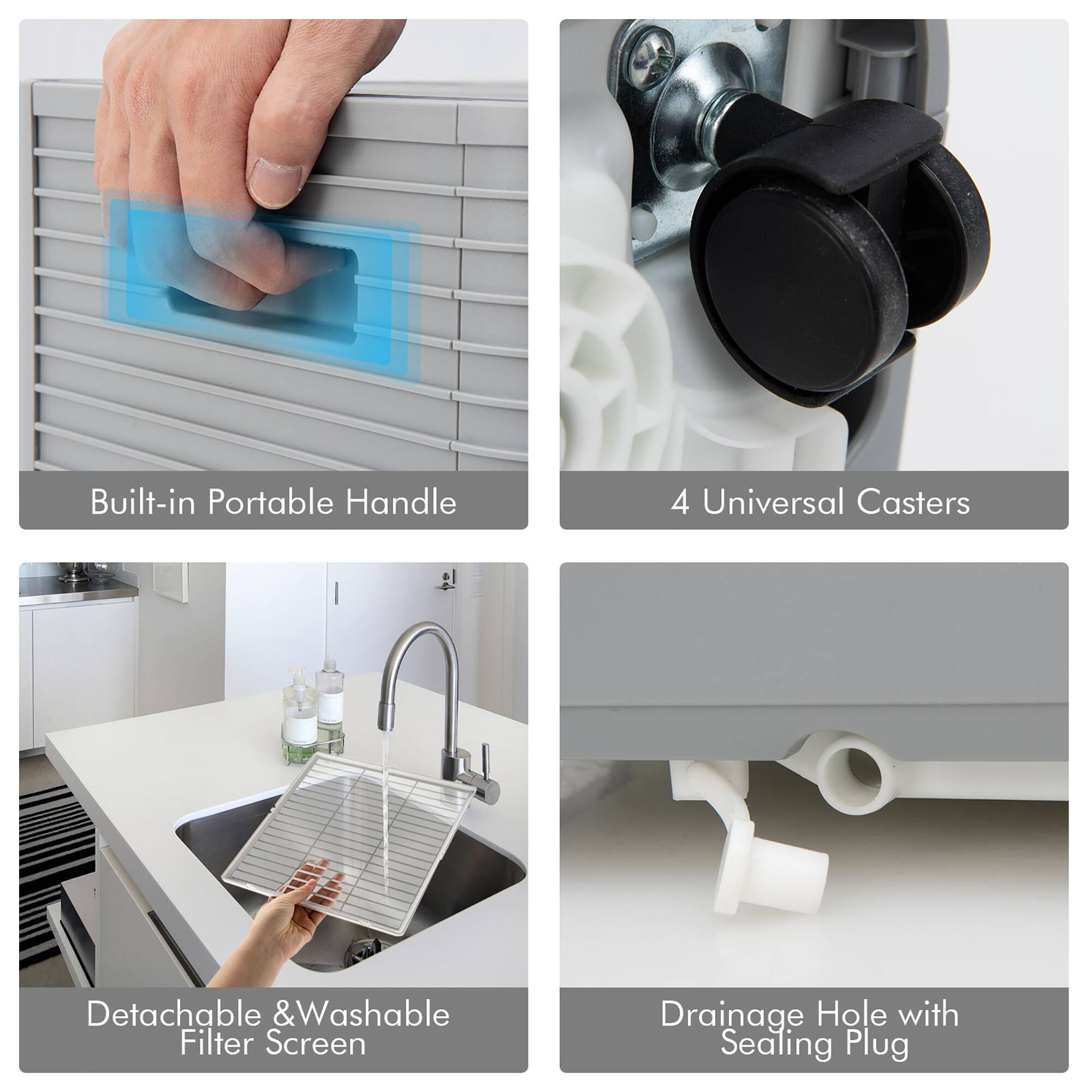 Built-in Portable Handle 4 Universal Casters Detachable & Washable Filter Screen Drainage Hole with Sealing Plug