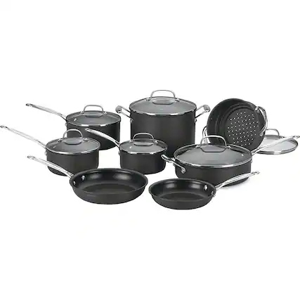 Front. Cuisinart - Chef's Classic Hard Anodized 14 Piece Cookware Set 66-14N - Black.