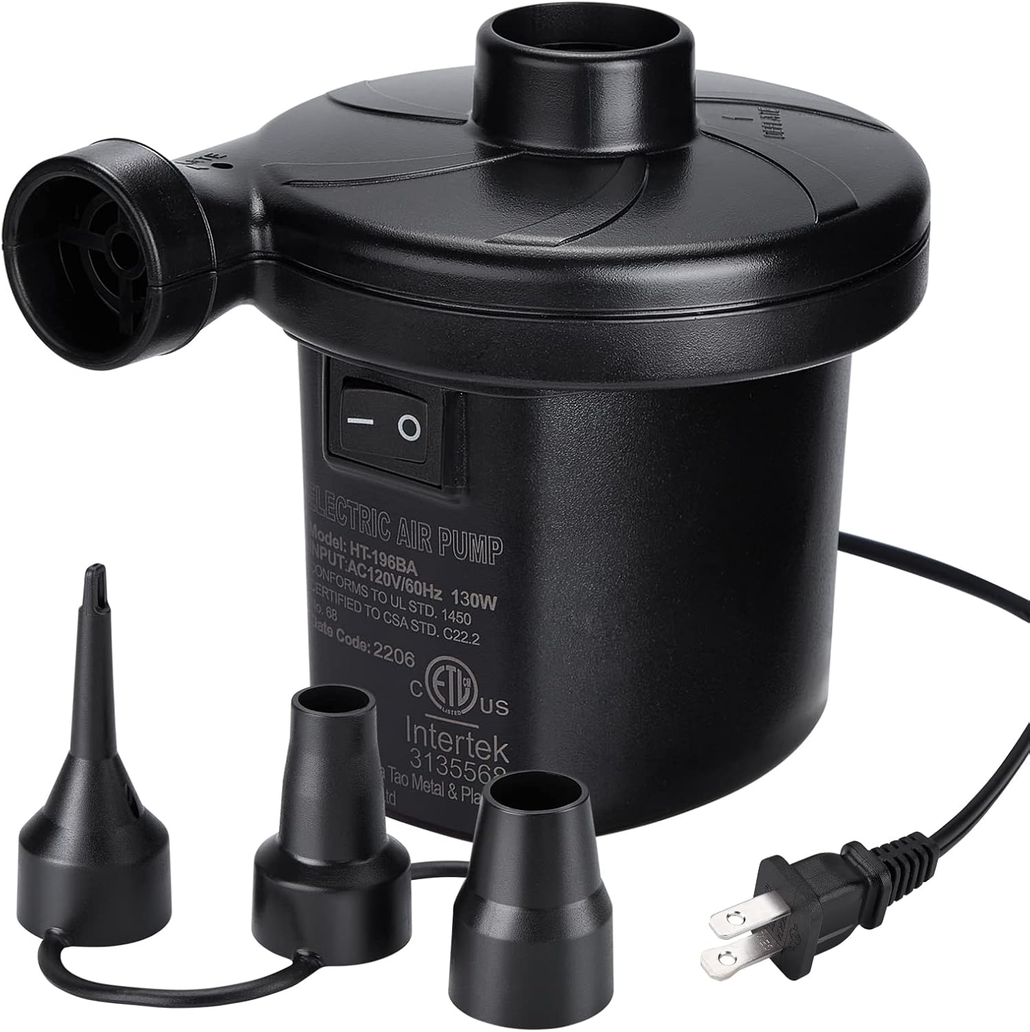 - Model: HT-196BA
- Input: AC120V/60Hz 130W
- Output: 0.50 to 1.450
- Certified to UL STD. 1450 and CSA STD. C22.2
- Code: 2206
- Intertek
- 3135569
- Metal & Plastic