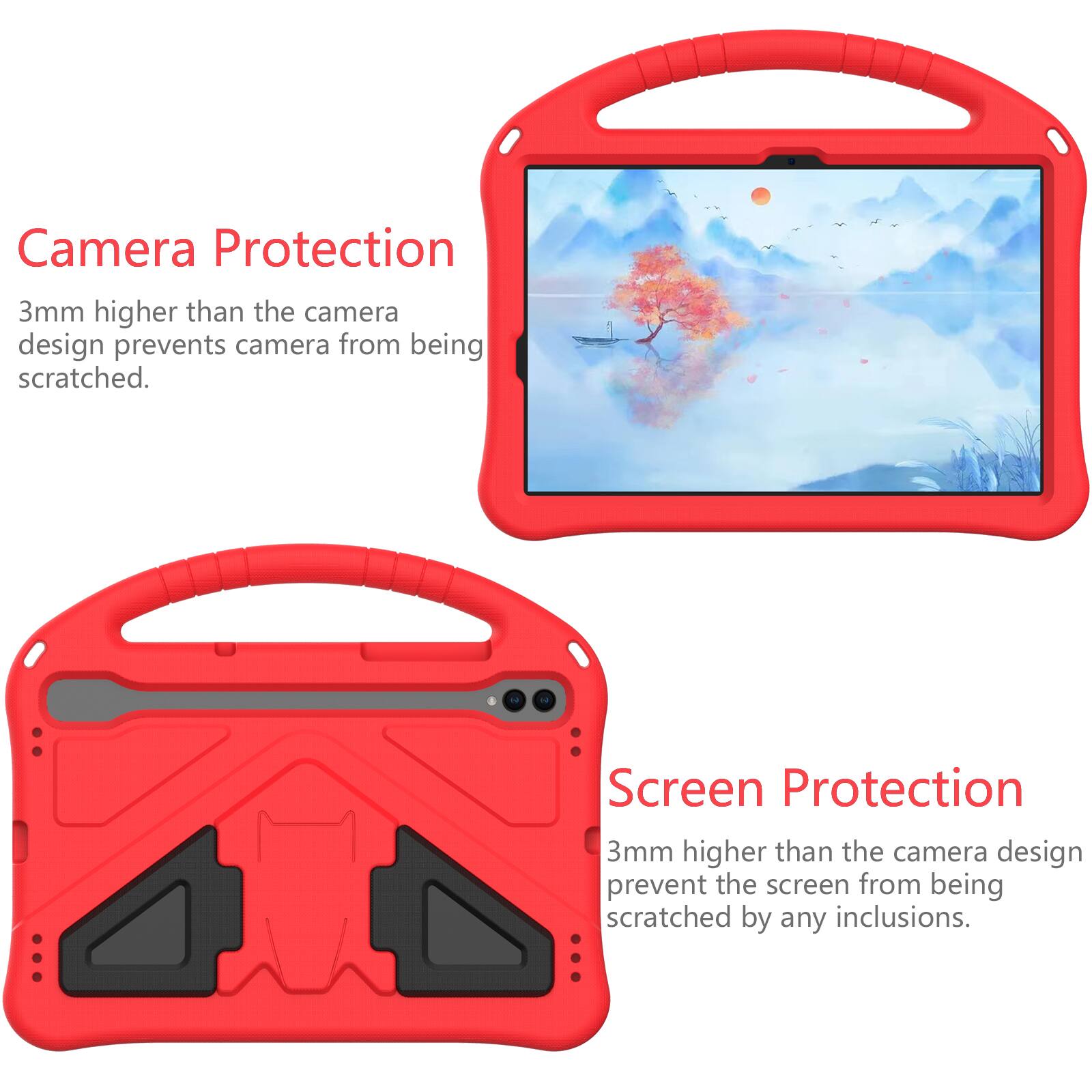 Camera Protection  
3mm higher than the camera design prevents camera from being scratched.  

Screen Protection  
3mm higher than the camera design prevent the screen from being scratched by any inclusions.