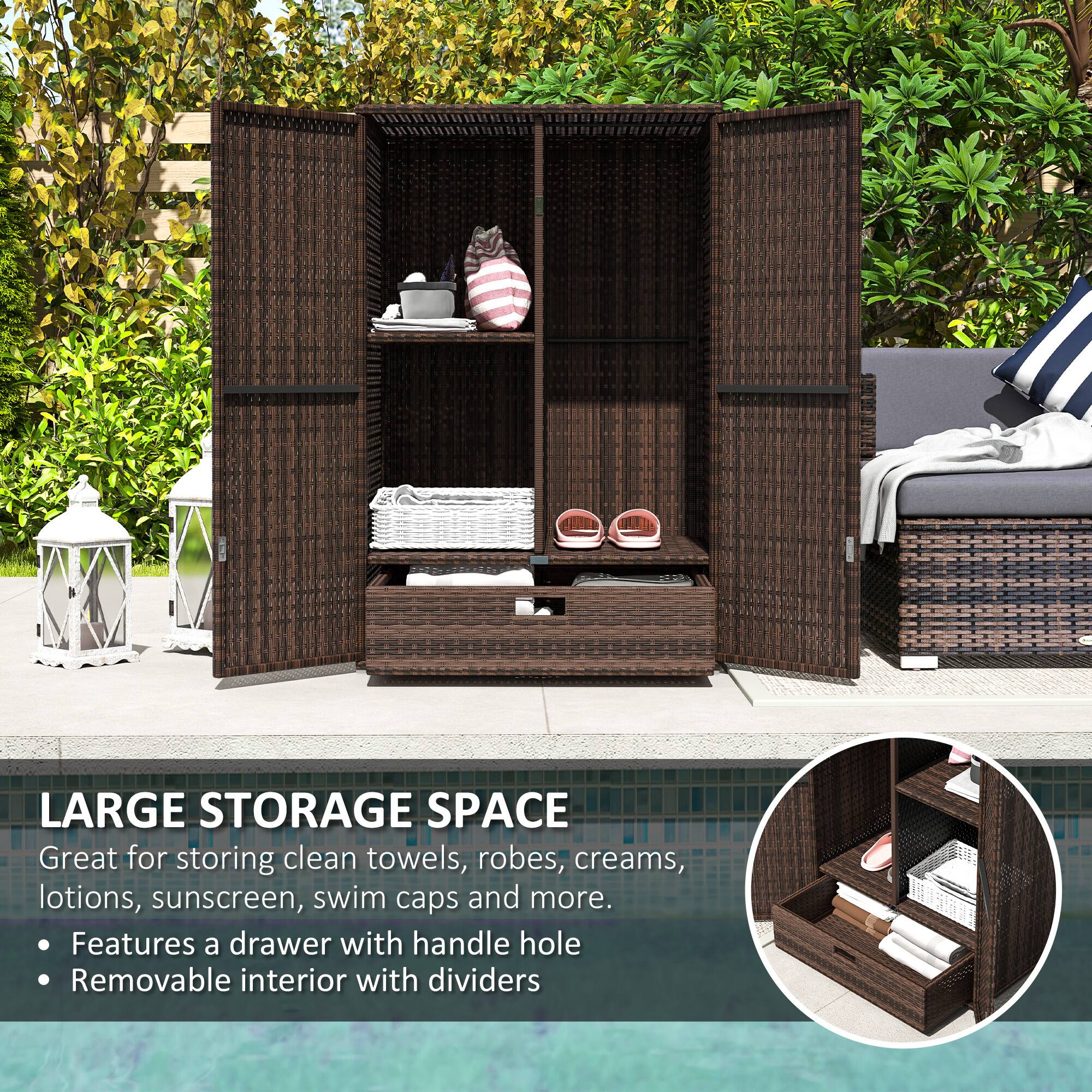 LARGE STORAGE SPACE
Great for storing clean towels, robes, creams, lotions, sunscreen, swim caps and more.
• Features a drawer with handle hole
• Removable interior with dividers