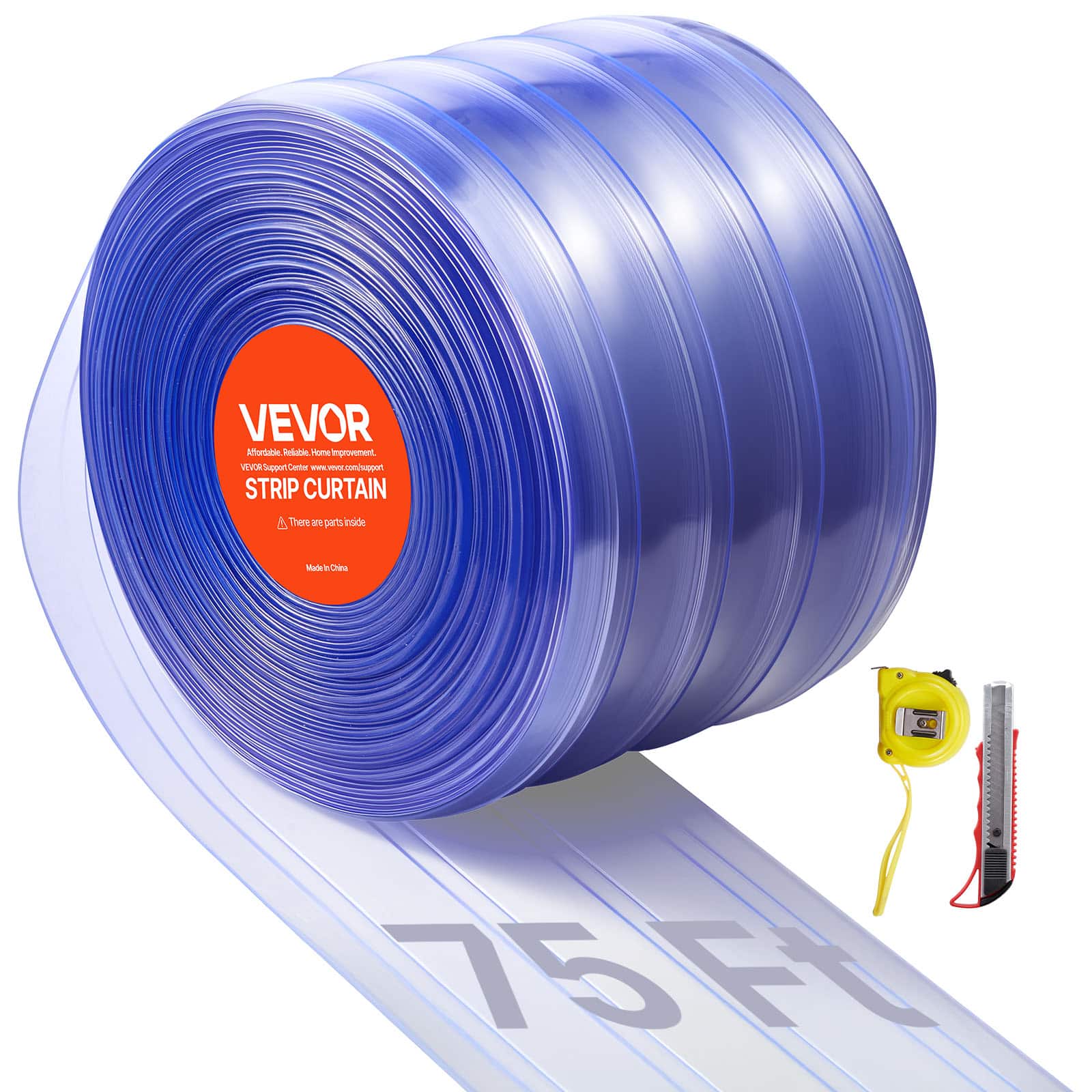 VEVOR - Clear PVC Strip Curtain, 75 ft Length x 8 in Width, Ribbed Plastic Door Strip Bulk Roll, Walk in Freezer Cooler Curtain - Light blue