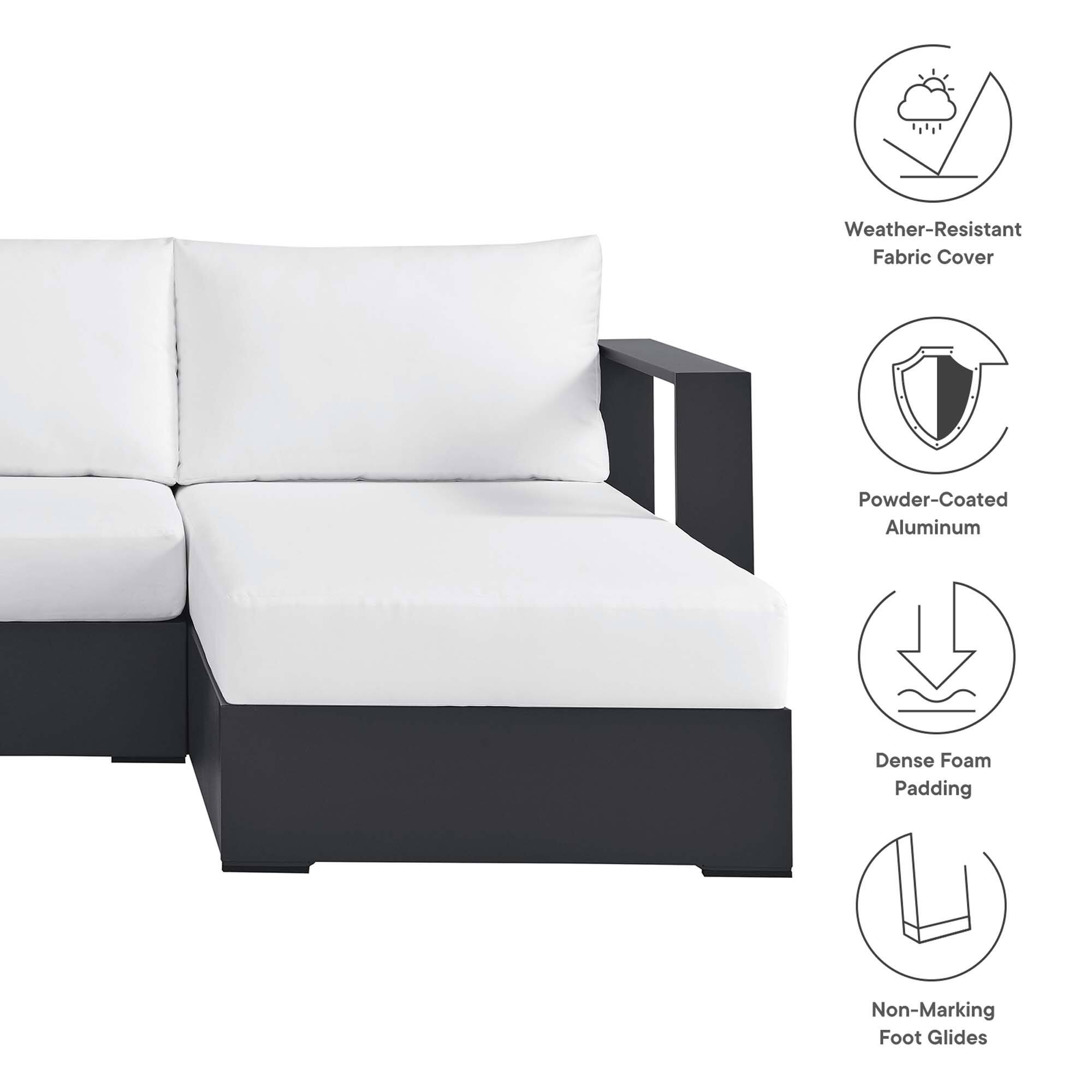 Weather-Resistant Fabric Cover  
Powder-Coated Aluminum  
Dense Foam Padding  
Non-Marking Foot Glides