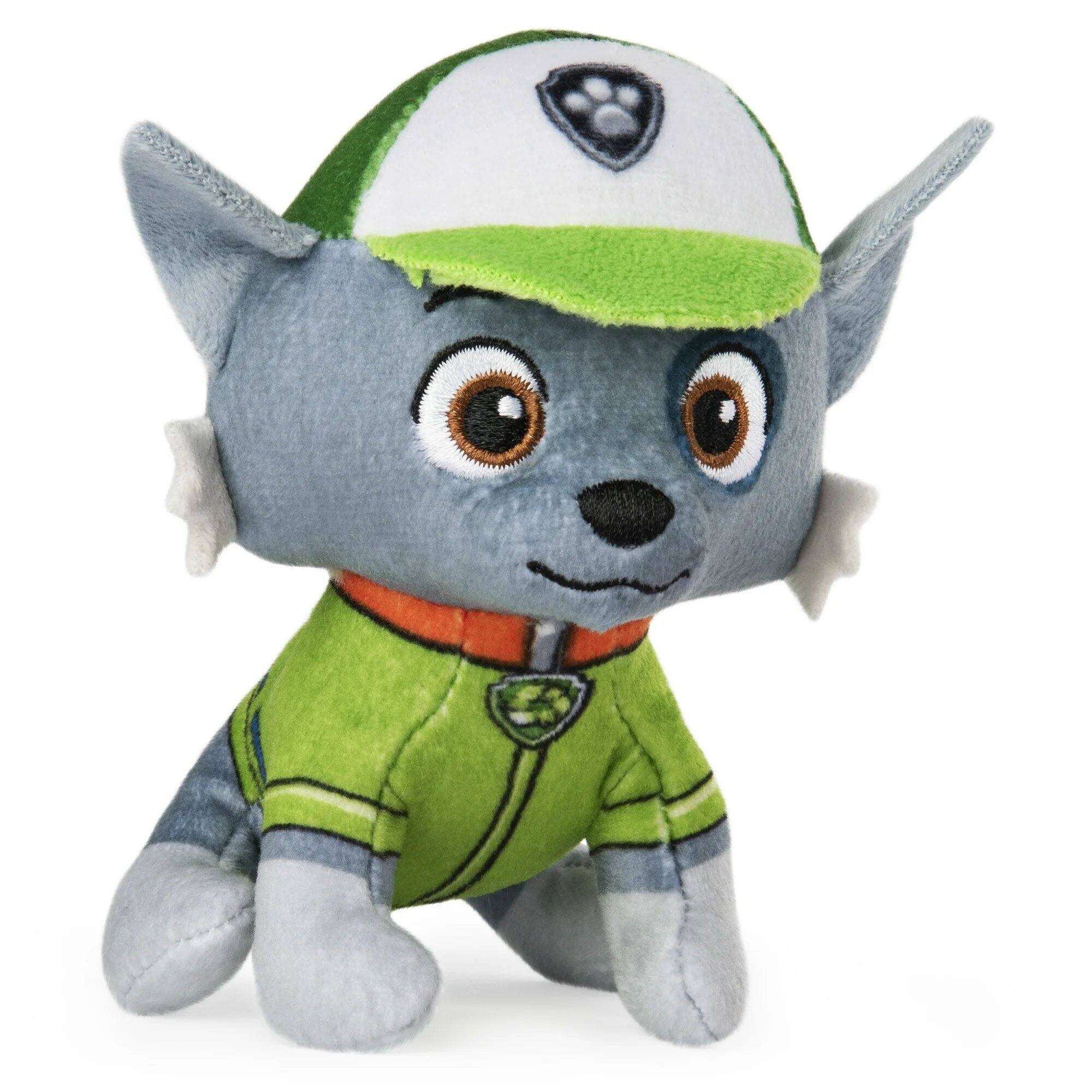 Angle. Paw Patrol - Paw Patrol Mini Plush Rocky 5-Inch Stuffed Pup, Soft Recycling Dog Toy with Cap and Uniform, Ages 3+ - Multicolour.