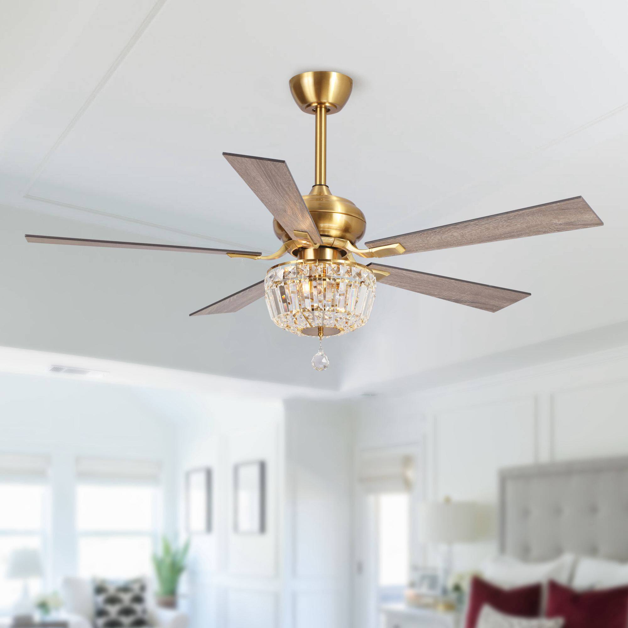 Angle. Parrot Uncle - 52" Ganga Modern Downrod Mount Reversible Crystal Ceiling Fan with Lighting and Remote Control - Gold.