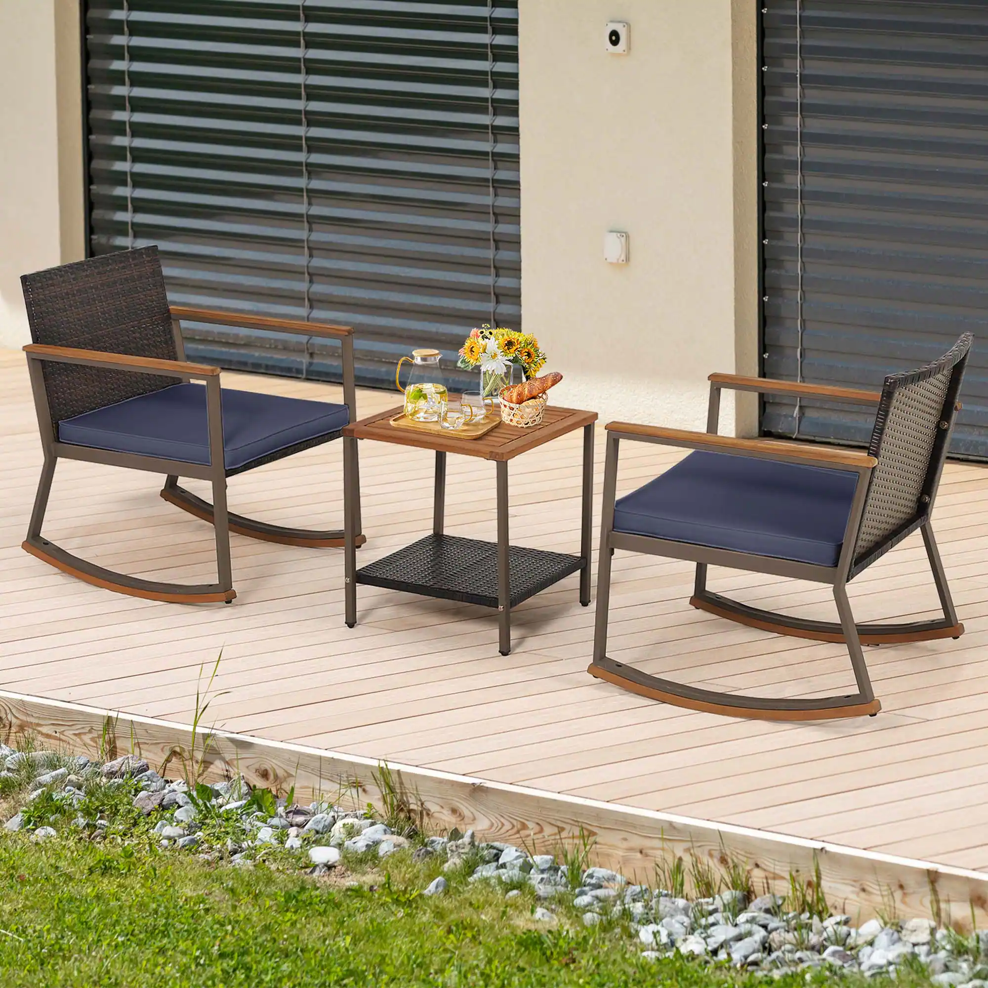 Alt View 7. Costway - 3 PCS Patio Rattan Rocking Chair Bistro Set Armrest Cushion Table with Storage Shelf - Navy.