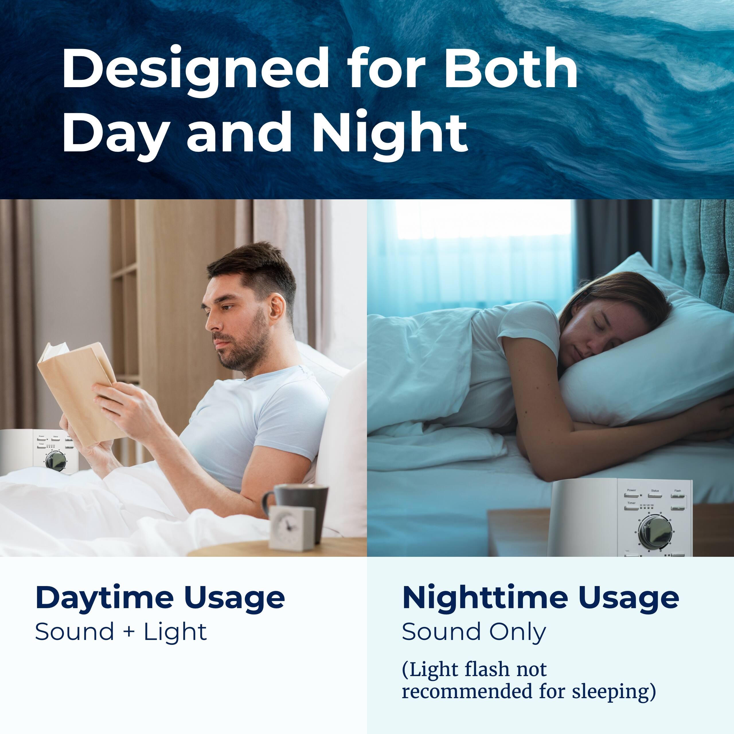 Designed for Both Day and Night

Daytime Usage
Sound + Light

Nighttime Usage
Sound Only
(Light flash not recommended for sleeping)