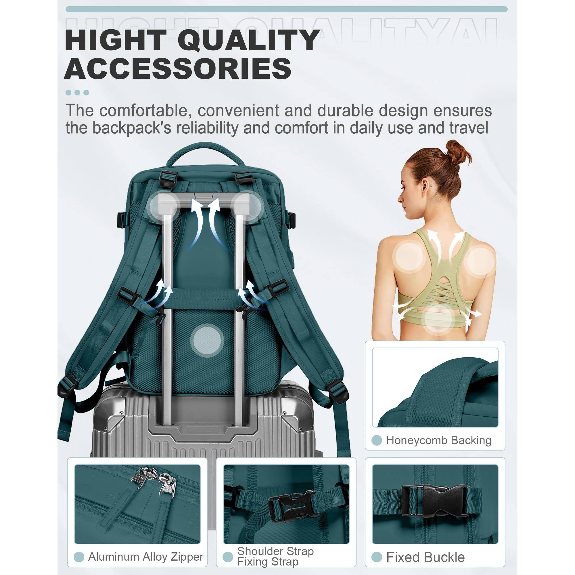 **HIGHT QUALITY ACCESSORIES**

The comfortable, convenient and durable design ensures the backpack's reliability and comfort in daily use and travel

- Aluminum Alloy Zipper
- Honeycomb Backing
- Shoulder Strap Fixing Strap
- Fixed Buckle