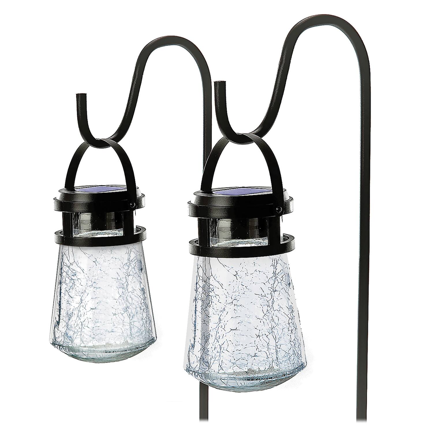 Alt View 3. Home Zone Security - 10-Lumen Solar Crackle-Glass LED Lantern Path Lights, 2 Pack with Shepherd Hook - Black.