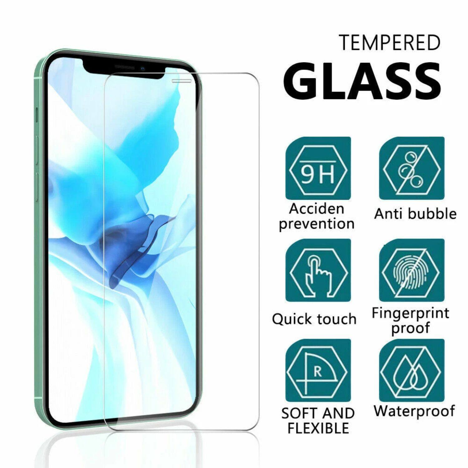 Sure, here is the corrected and grouped text:

**Tempered Glass**

- 9H
- Accidental prevention
- Anti bubble
- Quick touch
- Fingerprint proof
- Soft and flexible
- Waterproof