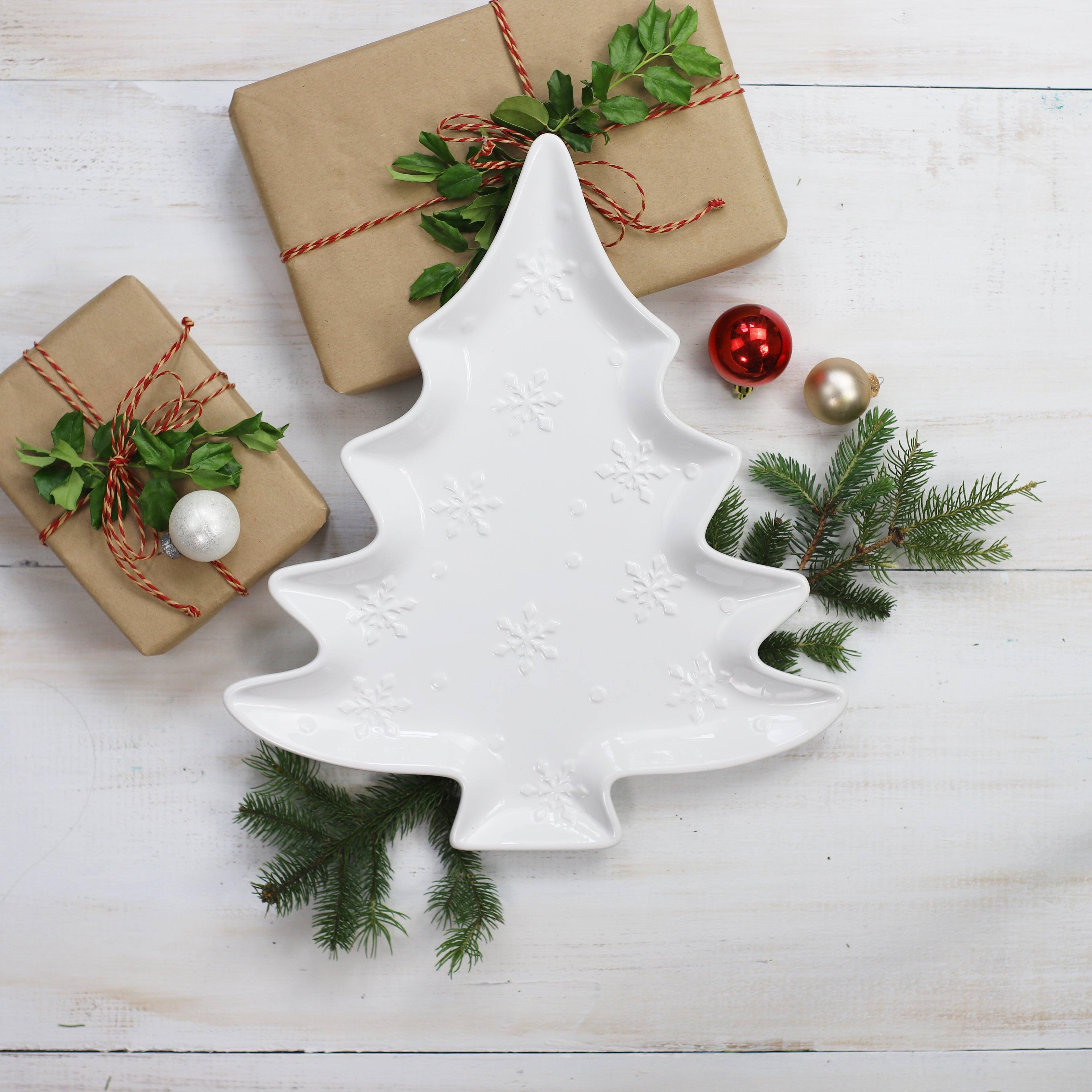 Angle. Euro Ceramica Home - Winterfest 16'' Tree Shape White Ceramic Platter - White.