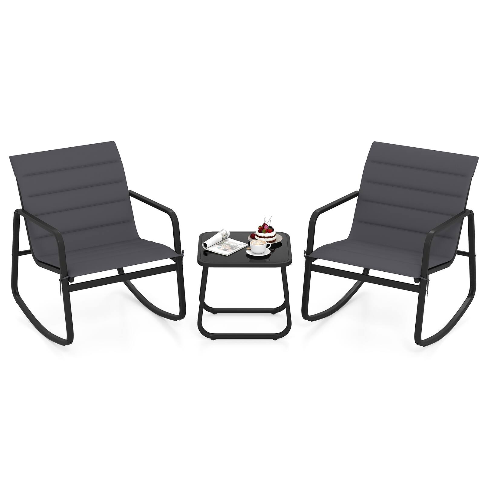 Alt View 8. Gymax - Gymax 3PCS Outdoor Rocking Bistro Set w/Tempered Glass Table Soft Cushions for Garden - Black.