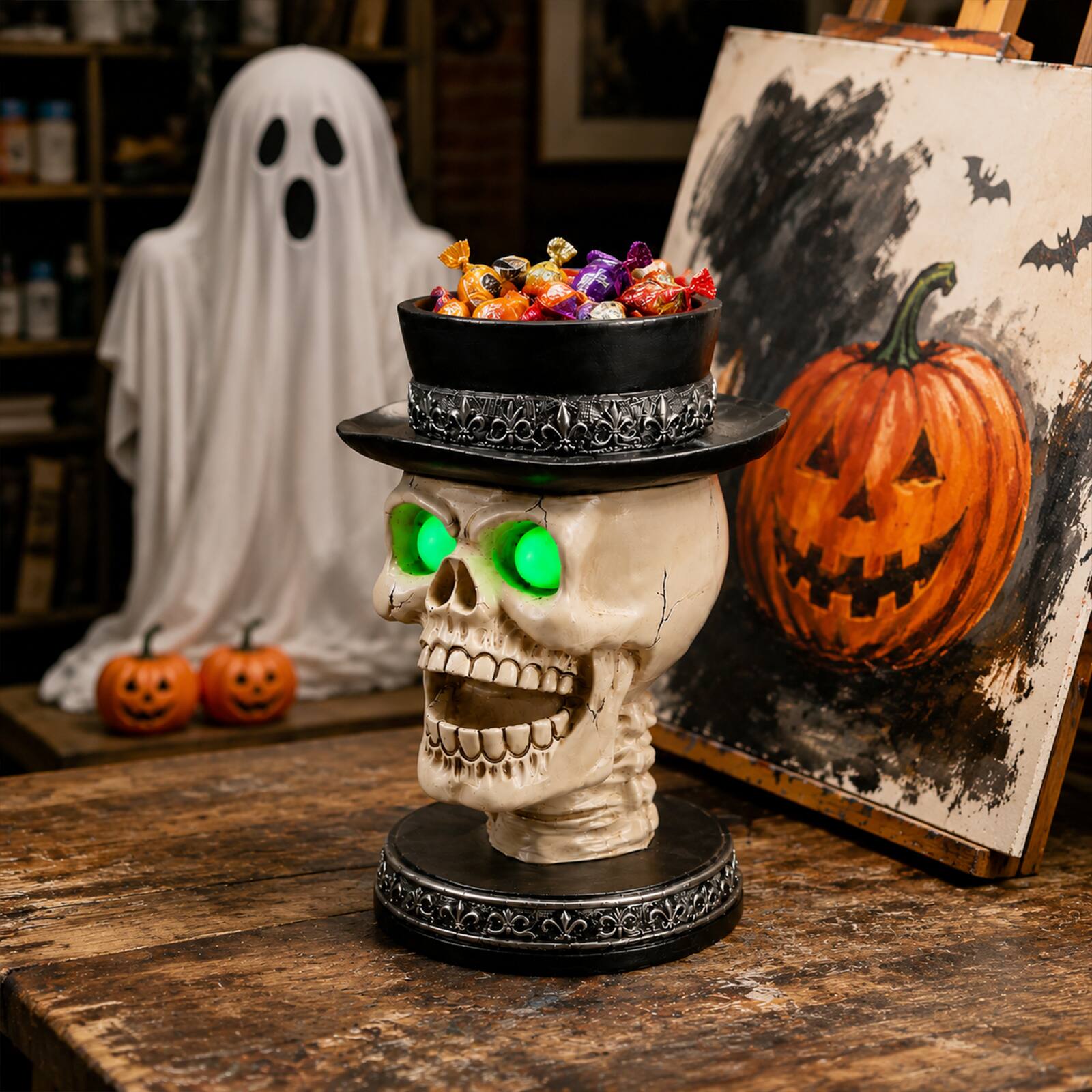 Angle. Anysun - Skull Candle Holder with Glowing Green Eyes – Gothic Skeleton Statue with Black Top Hat, Spooky Halloween Tabletop Decor - Black White.