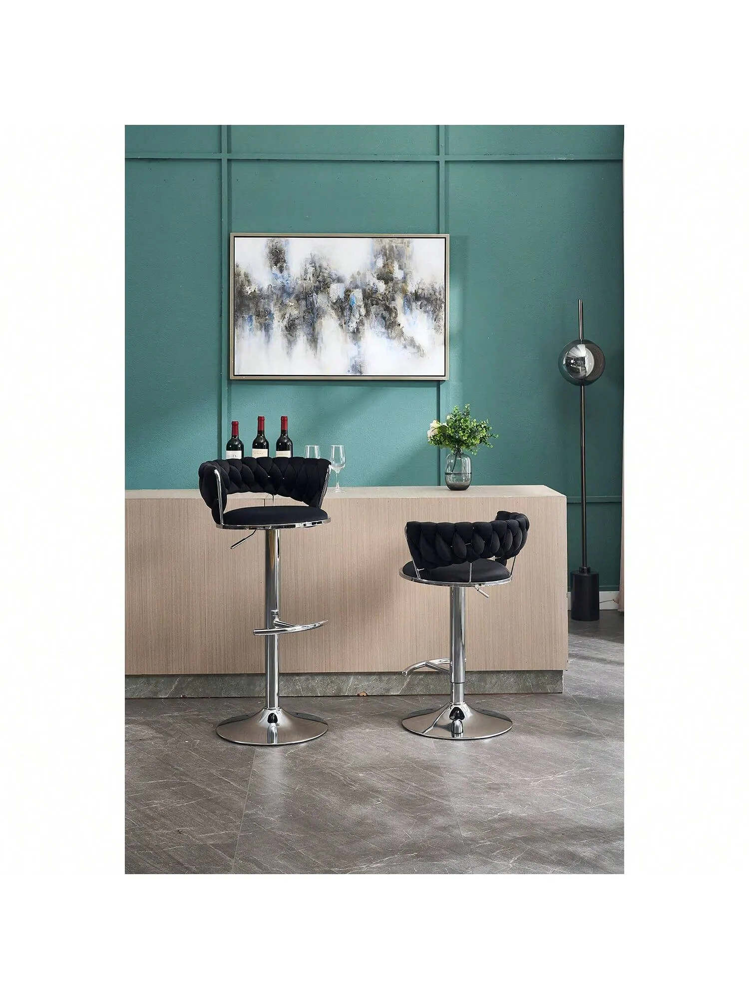 Left. Trinkets Crazed - Velvet Bar Stools Set Of 2, Modern Swivel Barstools With Woven Backrest, Adjustable Counter Stools - Black.