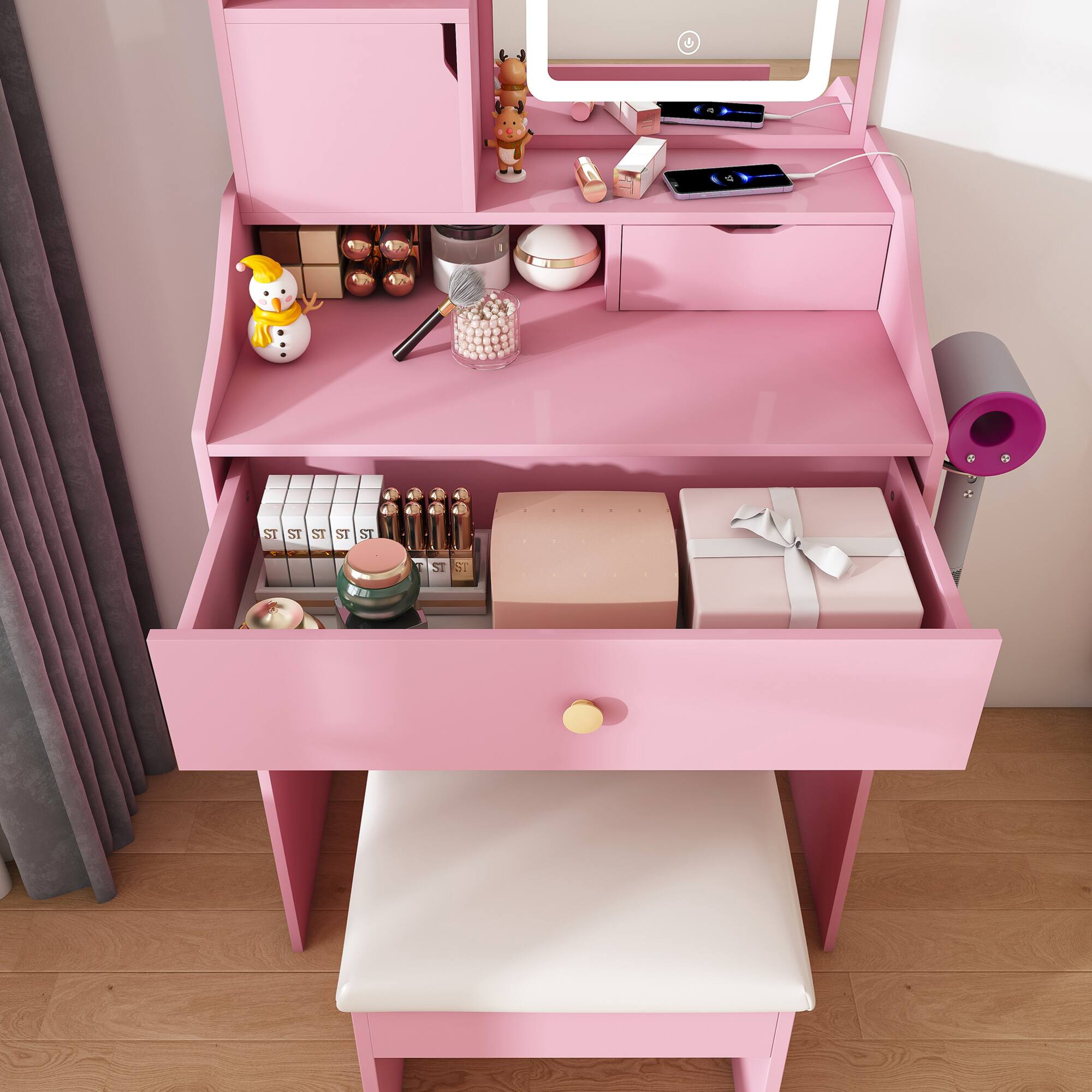 Alt View 4. GOODSILO - Elegant Vanity Set with LED Mirror and Storage Stool - Compact Dressing Table for Bedroom Beauty Needs - Pink.