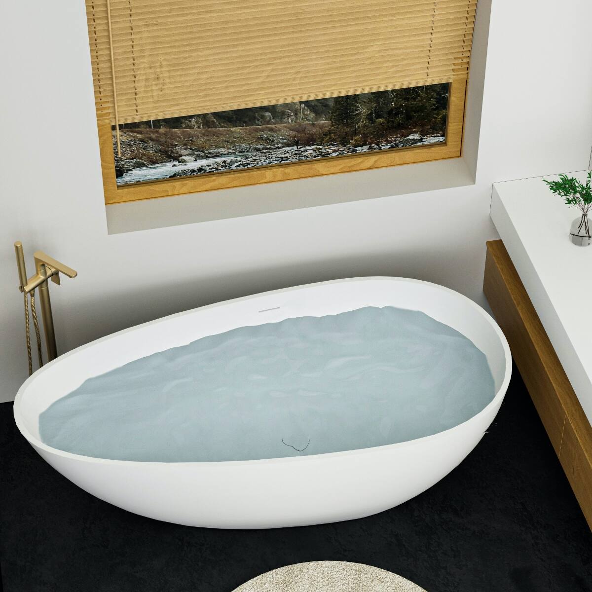 Back. Loheer - Loheer 59 in Freestanding Stone Resin Soaking Bathtub in Matte White with Center Drain and Overflow - Matte White.