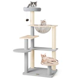 Costway - Cat Tree Tower w/ Jumping Platforms Plush Climbing Activity Tower for Small Large Cats and Kittens - Natural