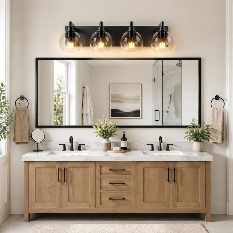 Left. RYHNUYNE - Matte Black 4-Light Vanity Bar with Clear Glass Globes for Bathroom, Bedroom, and Entryway – E26 Sockets, Up/Down Mount.
