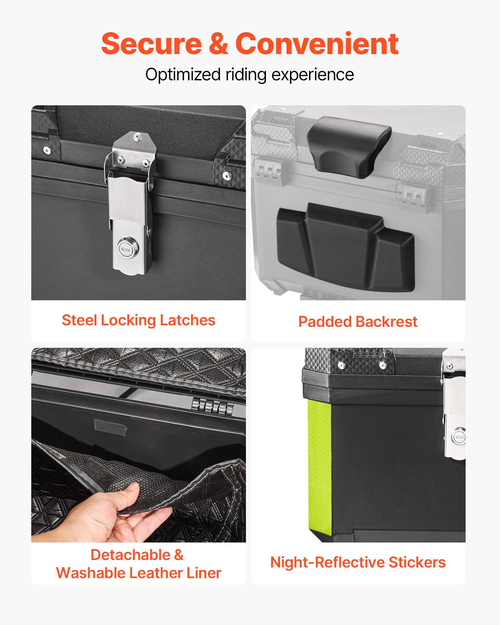 Secure & Convenient  
Optimized riding experience

- Steel Locking Latches
- Padded Backrest
- Detachable & Washable Leather Liner
- Night-Reflective Stickers