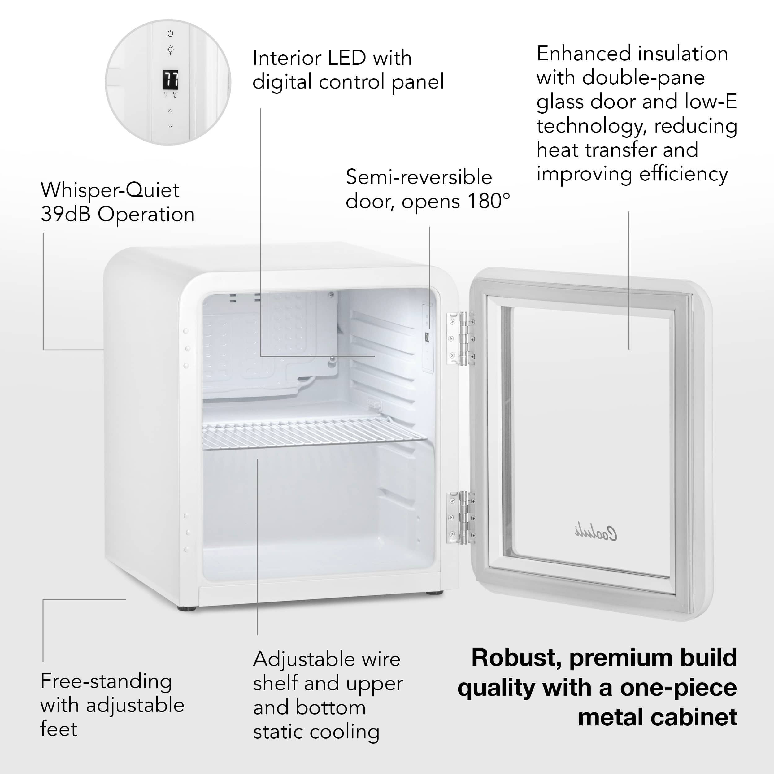 Whisper-Quiet 39dB Operation Interior LED with Enhanced Insulation digital control panel with double-pane glass door and low-E technology, reducing heat transfer and Semi-reversible improving efficiency door, opens 180 Cooluli Free-standing with adjustable feet Adjustable wire shelf and upper and bottom static cooling Robust, premium build quality with a one-piece metal cabinet