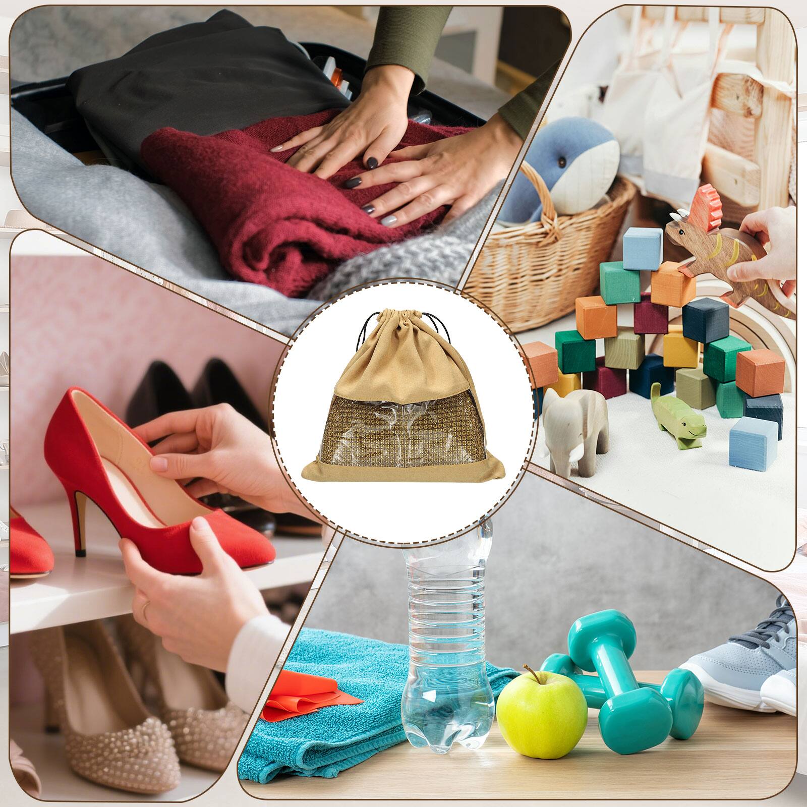 Alt View 5. Unique Bargains - 2pcs Dust Bags for Handbags, 2 Size Cotton Drawstring Pouch w/ Window, for Purses, Shoes, Boots, Travel - Gray/Coffee.