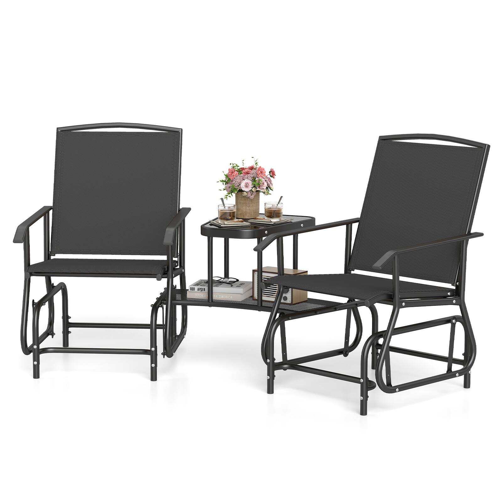 Alt View 1. Costway - Costway Outdoor Bistro Sets Double Swing Glider Chair Rocker Glass Table Umbrella Hole - Black.