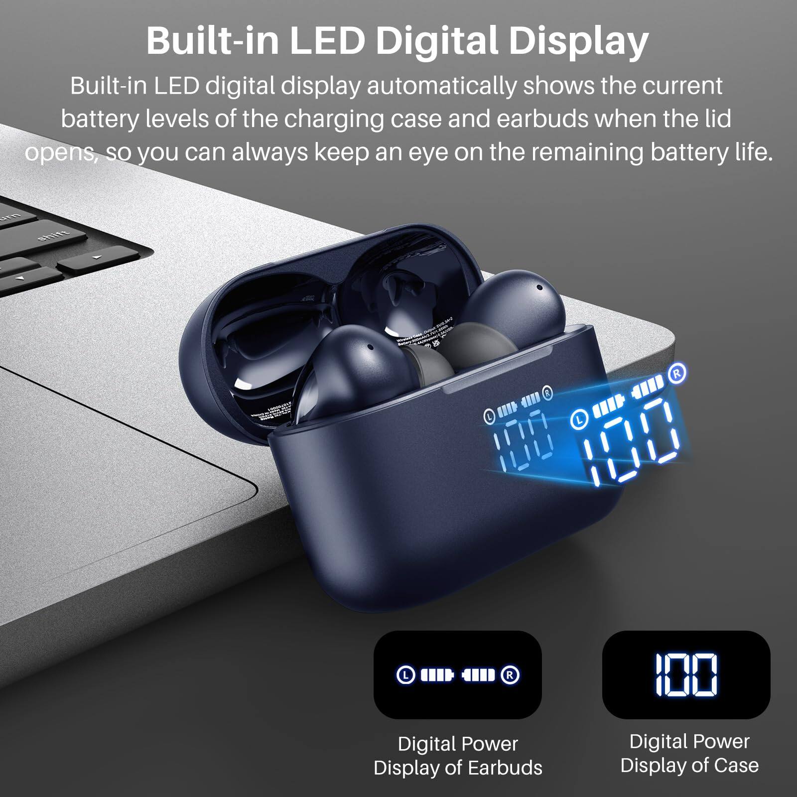 Built-in LED Digital Display, Built-in LED digital display automatically shows the current battery levels of the charging case and earbuds when the lid opens, so you can always keep an eye on the remaining battery life. Digital Power Display of Earbuds, Digital Power Display of Case