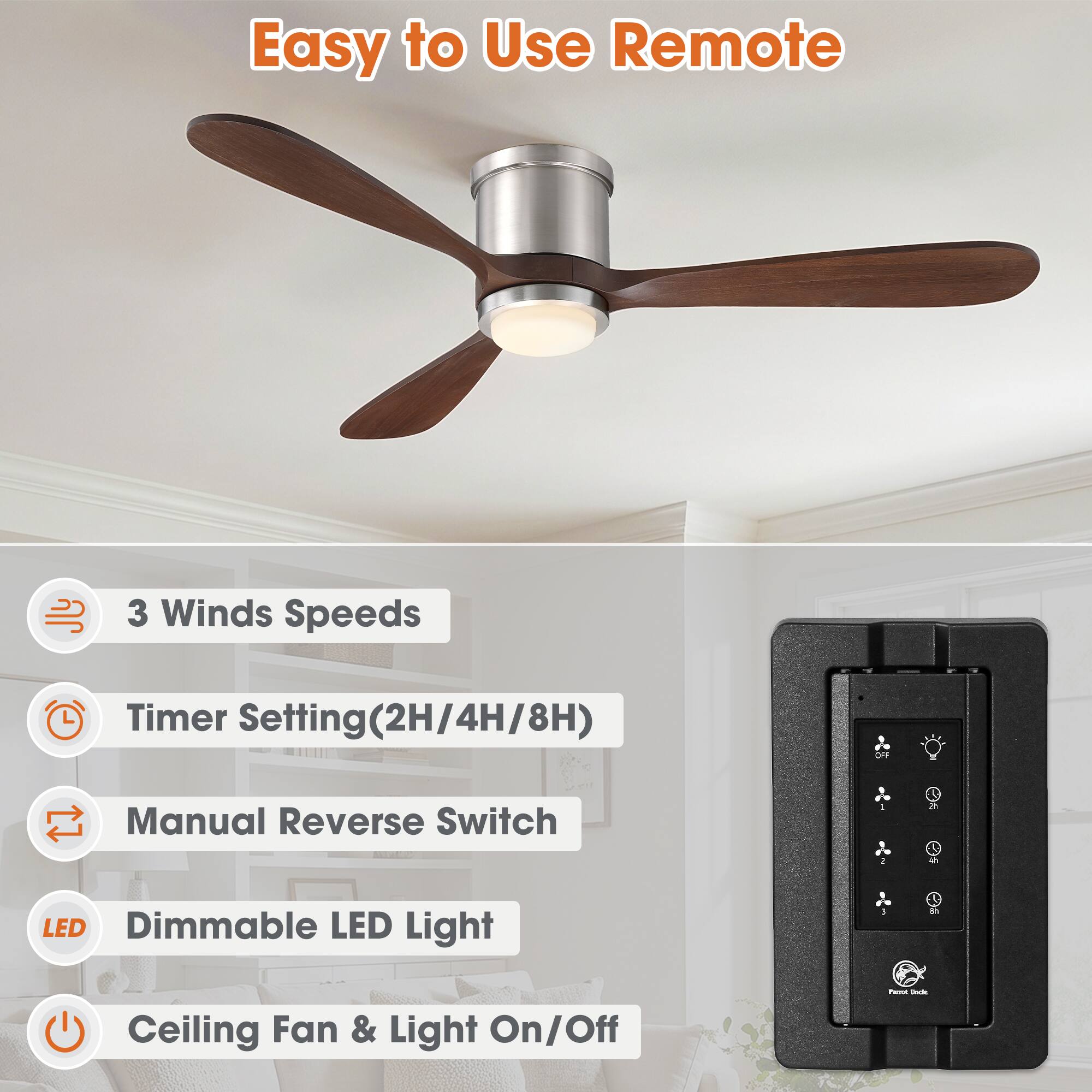 Easy to Use Remote

- 3 Winds Speeds
- Timer Setting (2H/4H/8H)
- Manual Reverse Switch
- Dimmable LED Light
- Ceiling Fan & Light On/Off
