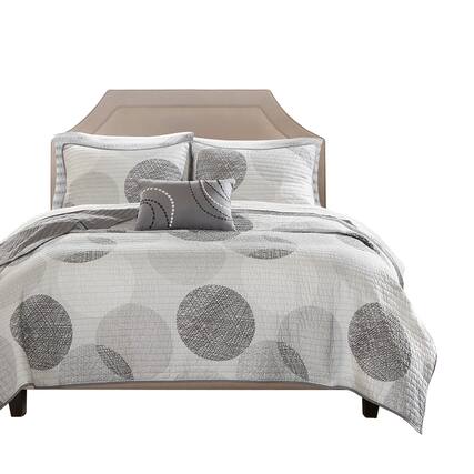 Front. Gracie Mills - Gracie Mills Timothy Geometric Circle Reversible Quilt and Cotton Sheet Set - Grey.