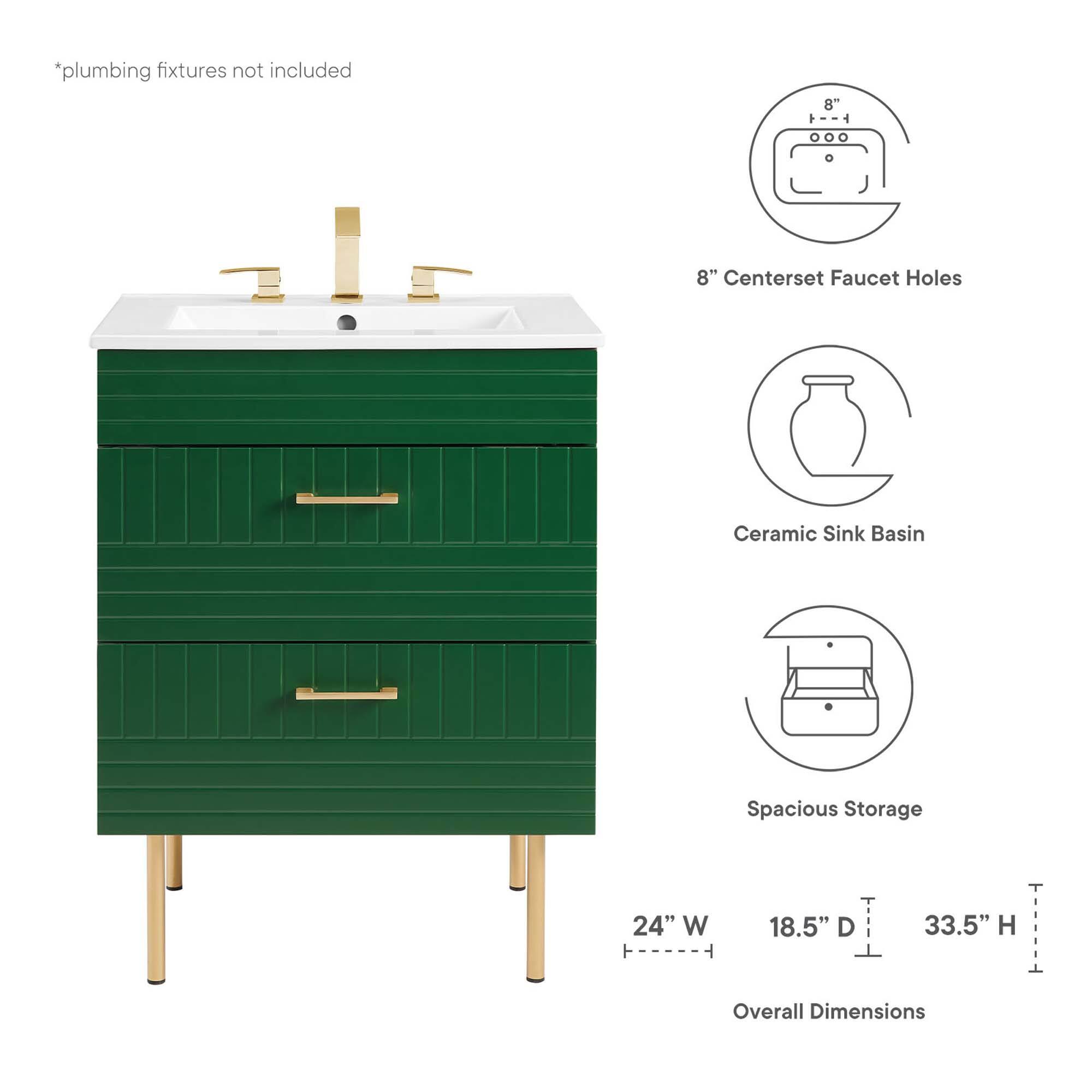 *plumbing fixtures not included

8" Centerset Faucet Holes

Ceramic Sink Basin

Spacious Storage

24" W x 18.5" D x 33.5" H Overall Dimensions