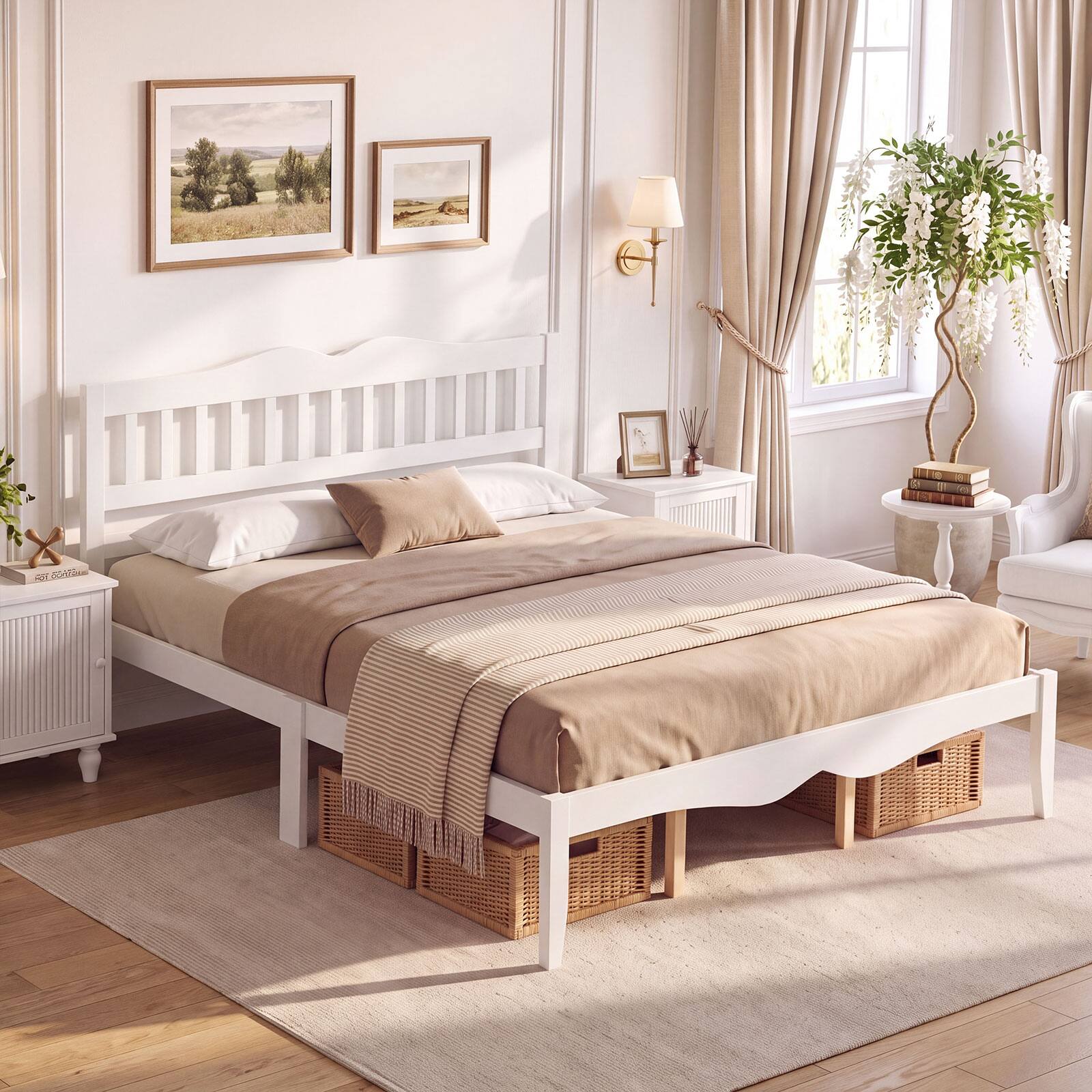Front. Costway - Costway Queen Size Platform Bed with Headboard, Solid Wood Frame, Sturdy Wood Slat Support - White.