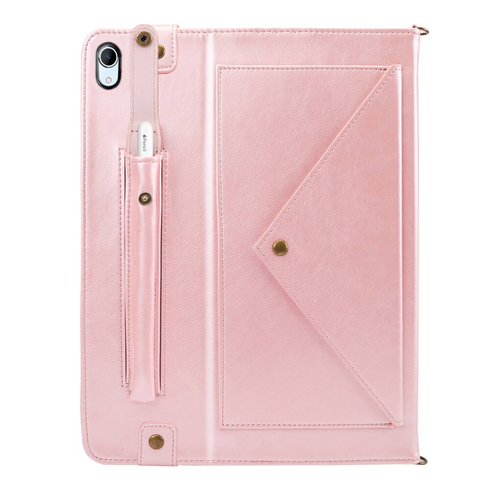 Left. Dteck - Crossbody Handbag Wallet Case Apple iPad (A16) 11" 2025/10th ,Shockproof Leather Card Slot Hand Strap Folio Cover Strap - Rosegold.
