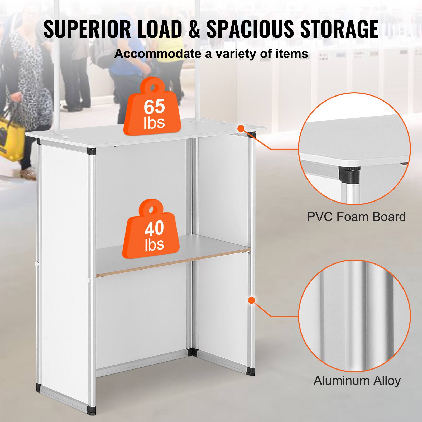 SUPERIOR LOAD & SPACIOUS STORAGE  
Accommodate a variety of items  

65 lbs  
40 lbs  

PVC Foam Board  
Aluminum Alloy