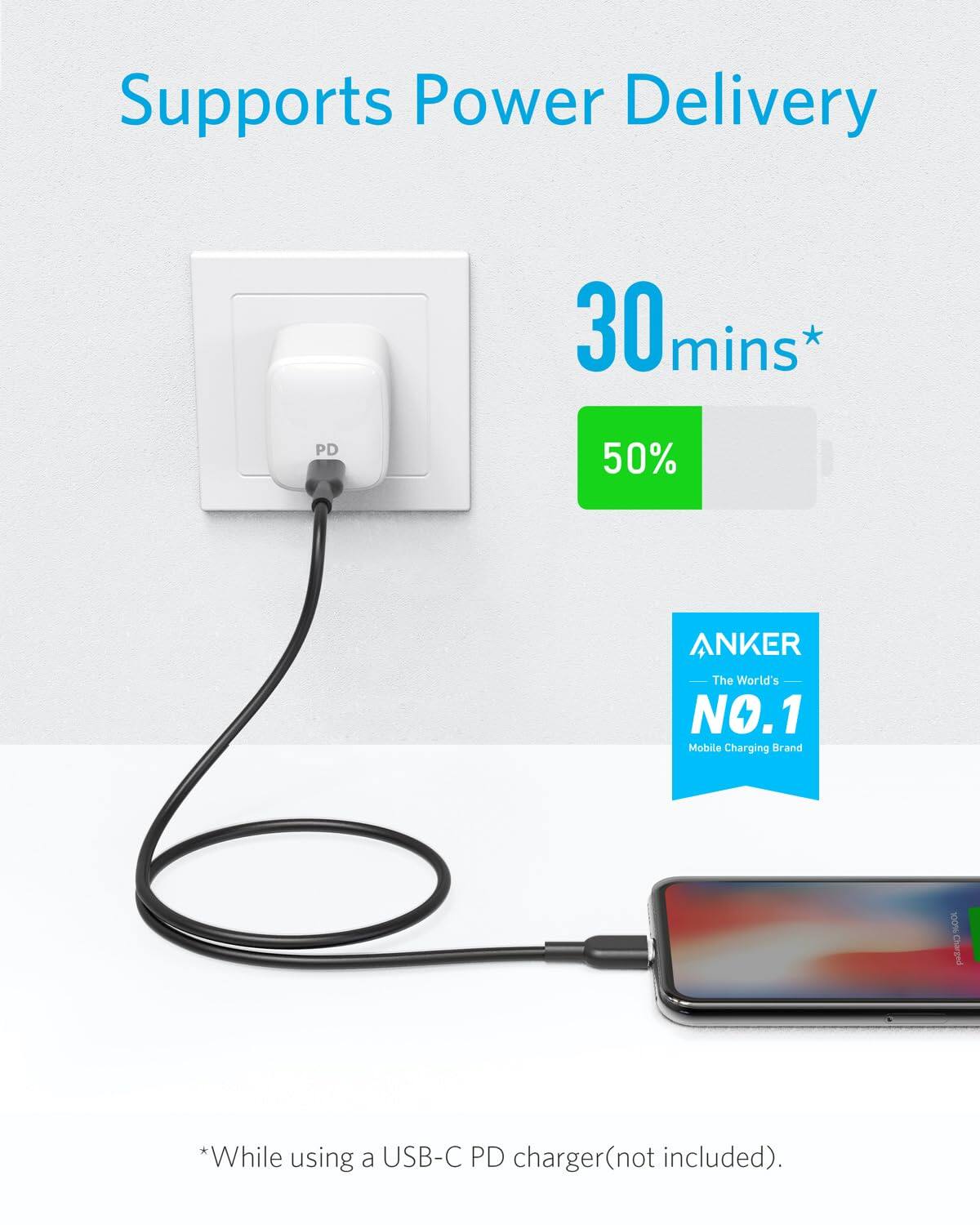 Supports Power Delivery  
30 mins*  
PD  
50%  
ANKER  
The World's NO.1 Mobile Charging Brand  

*While using a USB-C PD charger (not included).