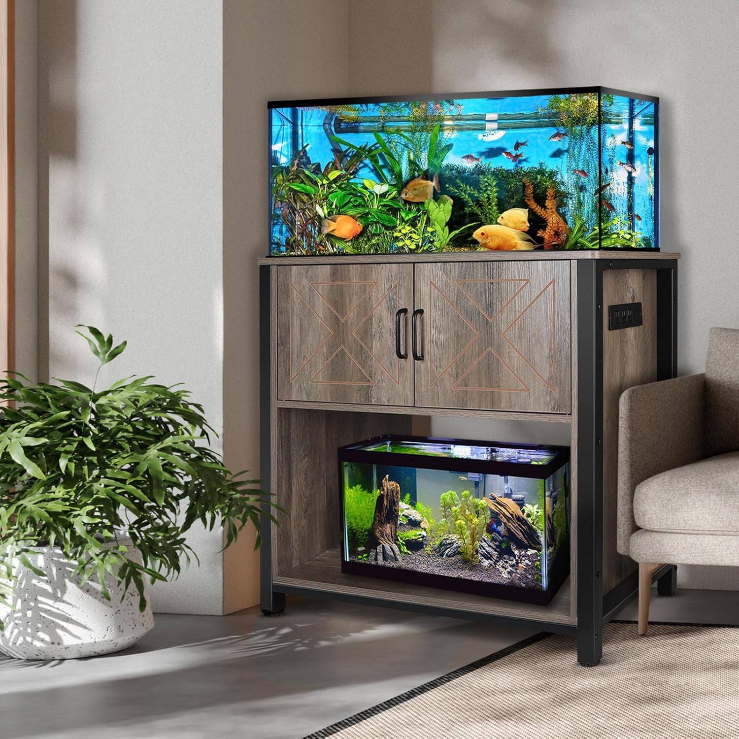 Angle. HIMMLINE - 40 Gallon Fish Tank Stand, Aquarium Stand, Heavy Duty Double Fish Tank Table with Storage & Power Outlets, 660LBS - Gray.