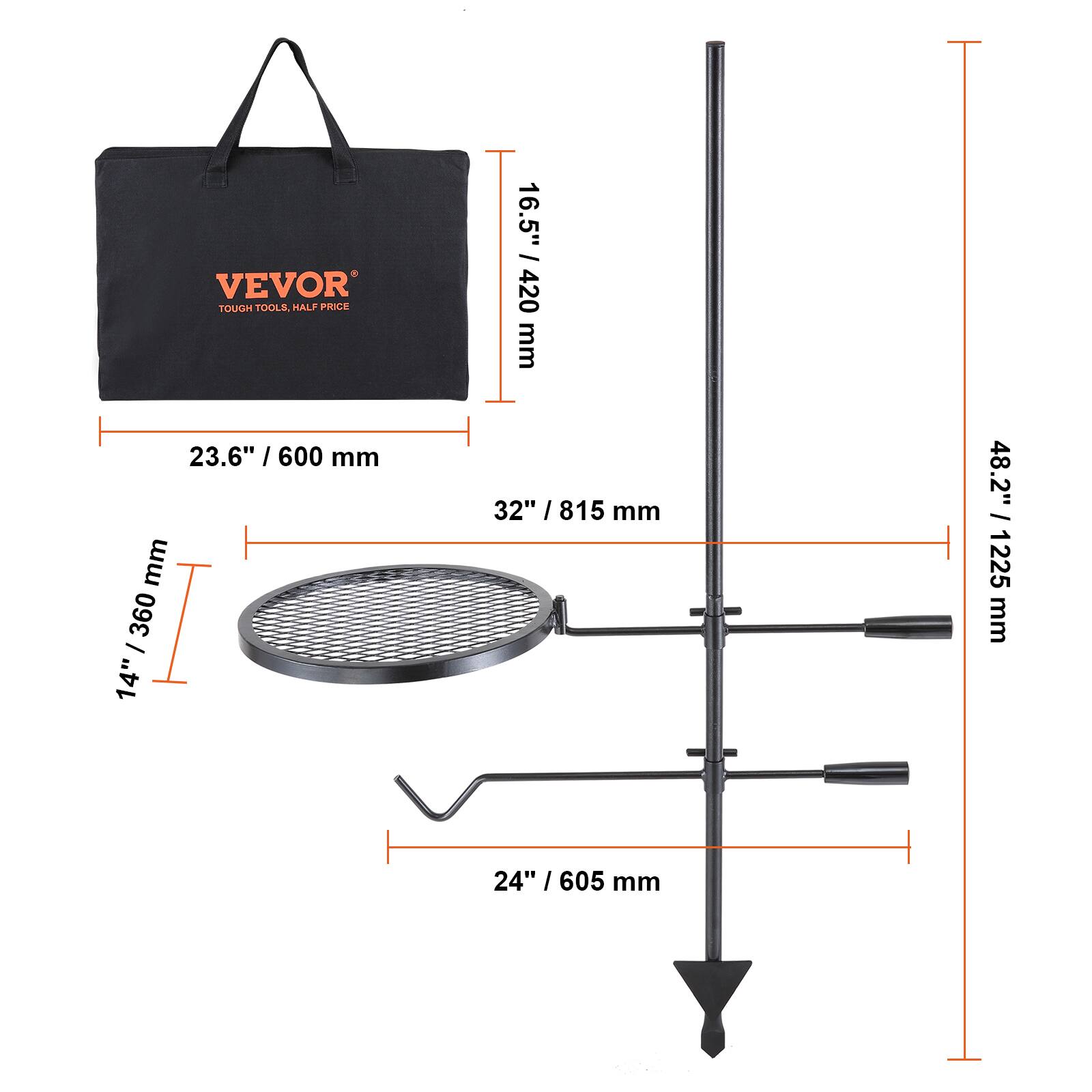 VEVOR  
TOUGH TOOLS. HALF PRICE.

- 16.5" / 420 mm
- 23.6" / 600 mm
- 32" / 815 mm
- 48.2" / 1225 mm
- 14" / 360 mm
- 24" / 605 mm