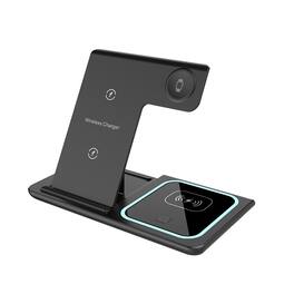RISOKEYS - 15W 3-in-1 Fast Wireless Charger - Foldable Dual-Coil Horizontal and Vertical Charging, Power Adapter with Light - Black