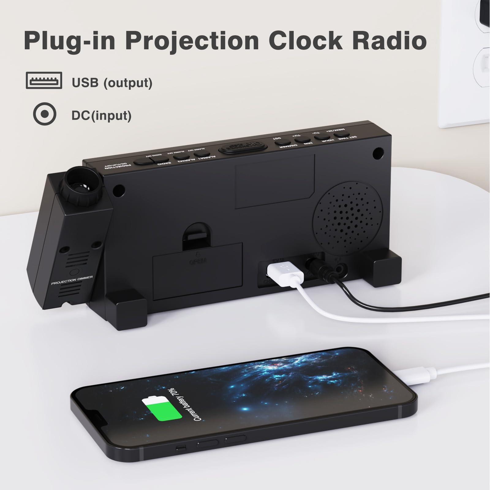 Plug-in Projection Clock Radio

USB (output)

DC (input)

70% battery