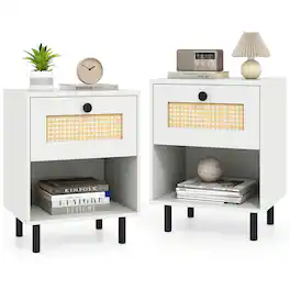 Costway - 2 PCS Rattan Nightstand Boho End Table with Drawer & Open Shelf for Living Room - White