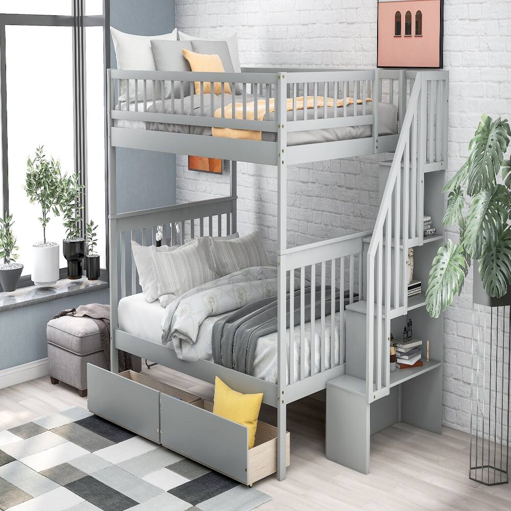 Back. Loheer - Loheer Full Over Full Bunk Bed with Drawers, Gray Pine Wood Bunk Bed with Storage and Ladder, 250lb Capacity - Gray.