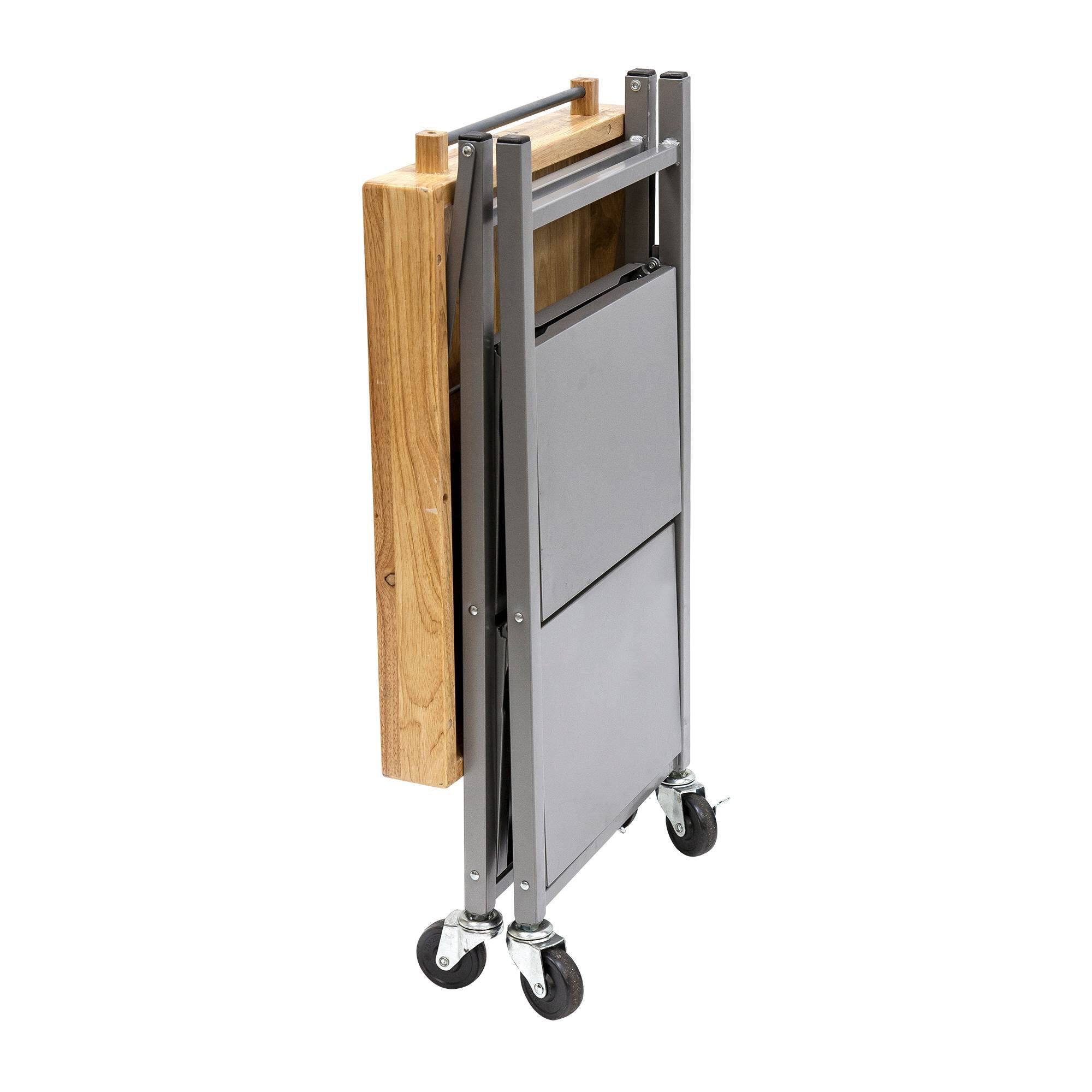 Alt View 5. Origami - Origami Foldable Wheeled Portable Solid Wood Top Kitchen Island Bar Cart, Silver - Silver, Solid wood top.
