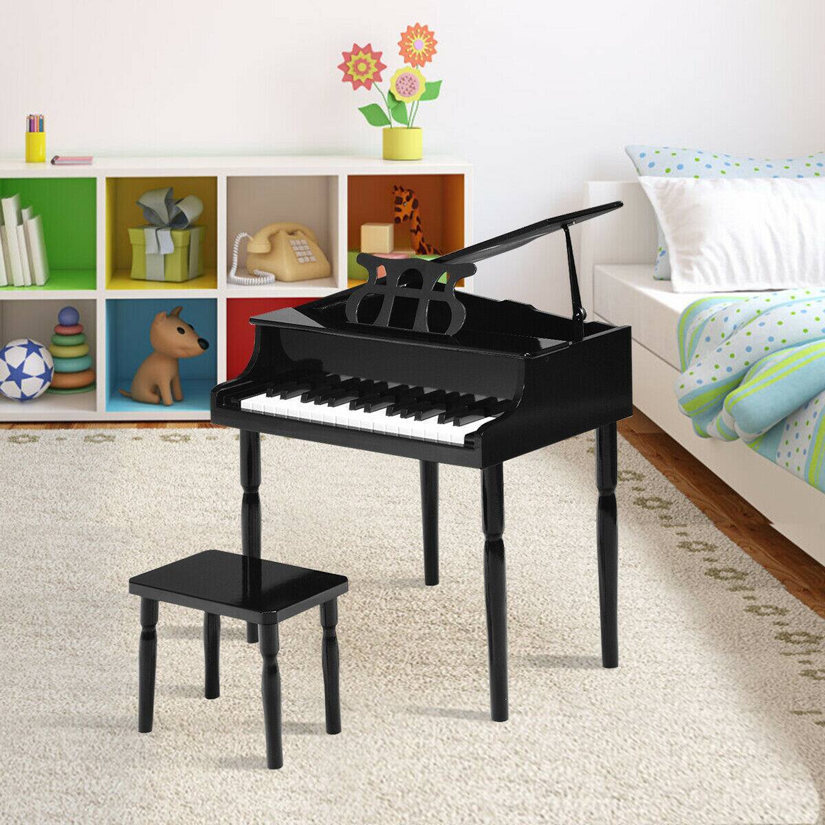 Alt View 7. Ecooso - 30-Key Wooden Kids Grand Piano with Bench and Music Stand, Pretend Play Instrument.