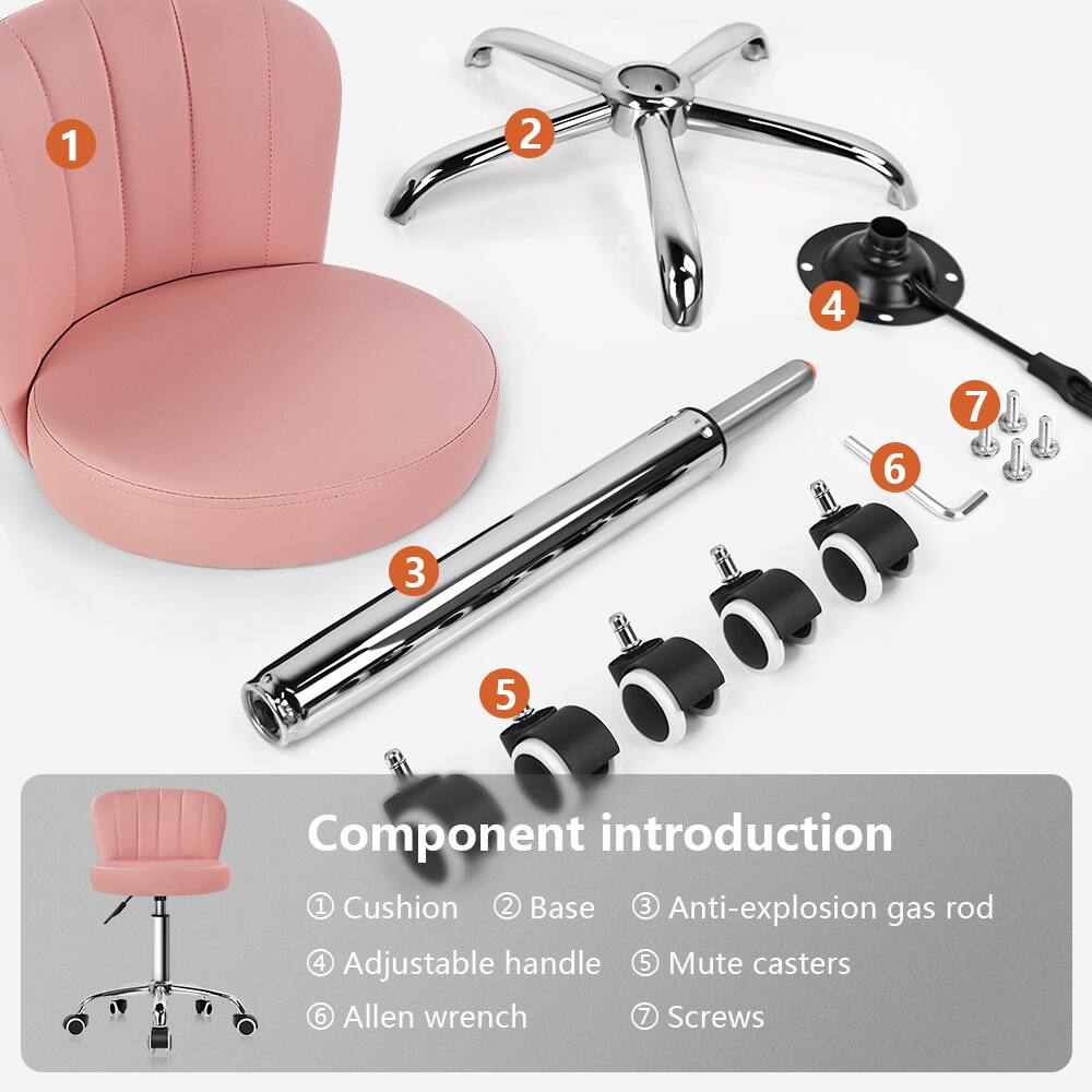 1. Cushion  
2. Base  
3. Anti-explosion gas rod  
4. Adjustable handle  
5. Mute casters  
6. Allen wrench  
7. Screws  

Component introduction  
1. Cushion  
2. Base  
3. Anti-explosion gas rod  
4. Adjustable handle  
5. Mute casters  
6. Allen wrench  
7. Screws