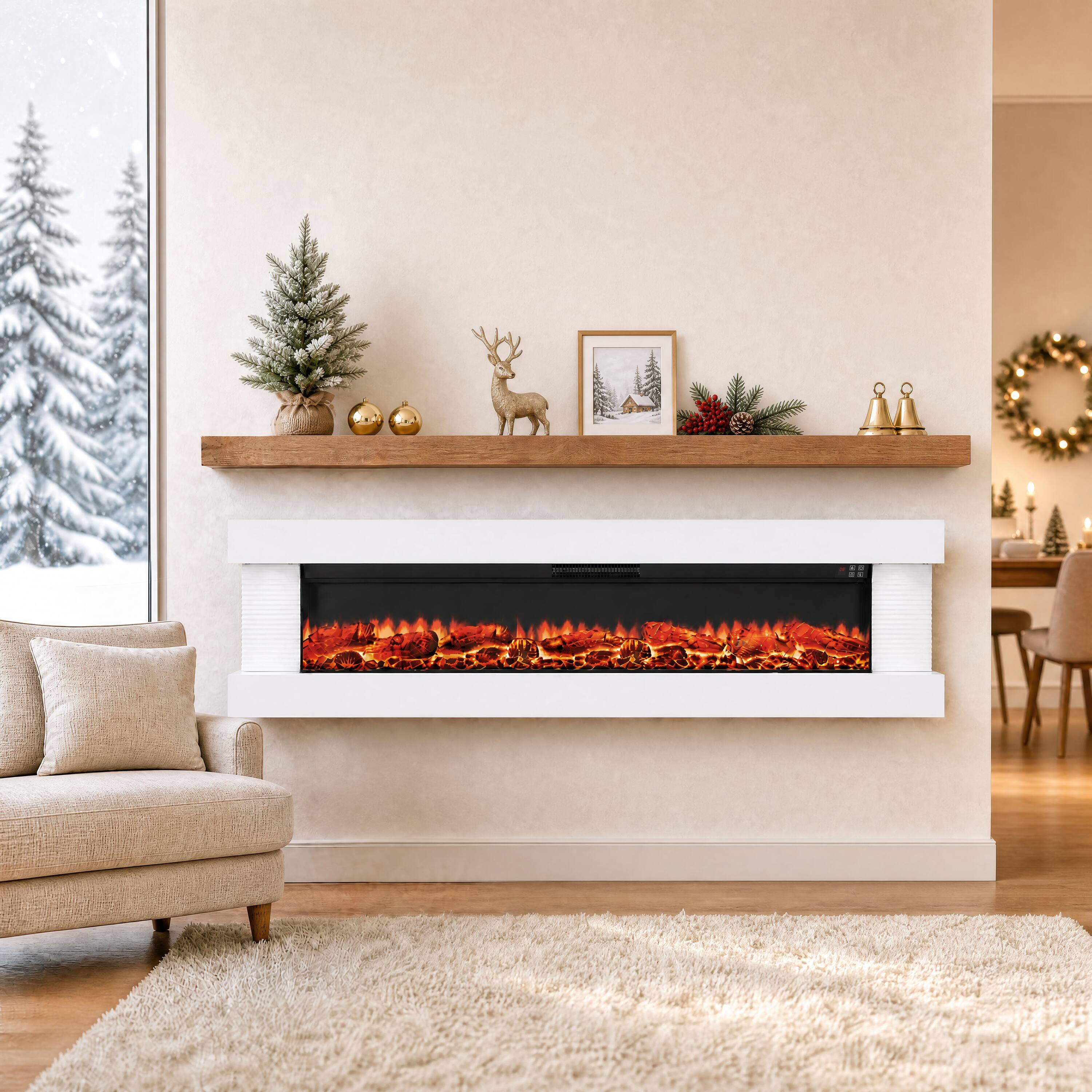 Left. Mondawe - 72" Stylish 3-Sided Electric Fireplace with Suspended LED Light Mantel and Remote Control - White.