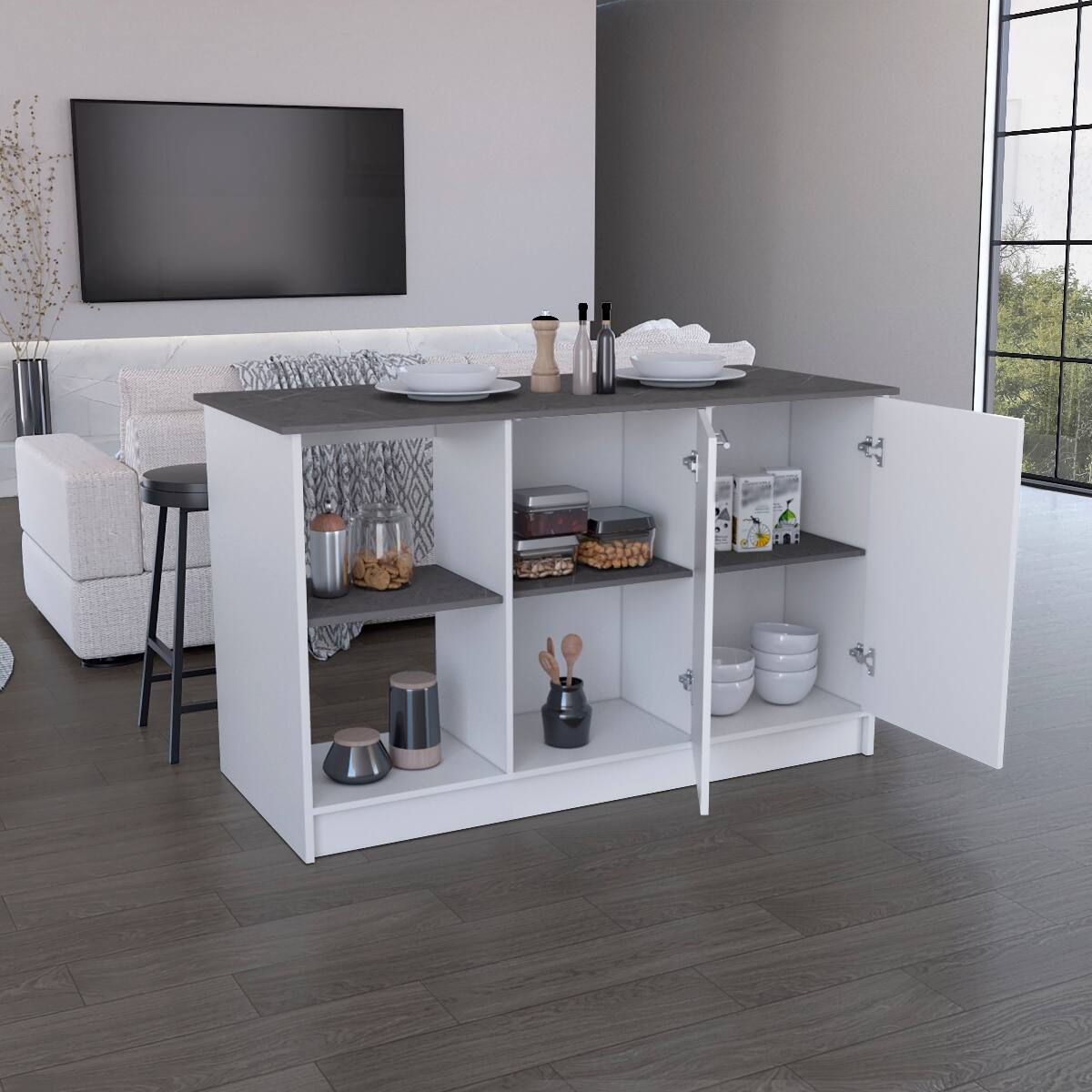 Angle. Loheer - Loheer White Kitchen Island with Large Countertop Double Door Cabinet - White.