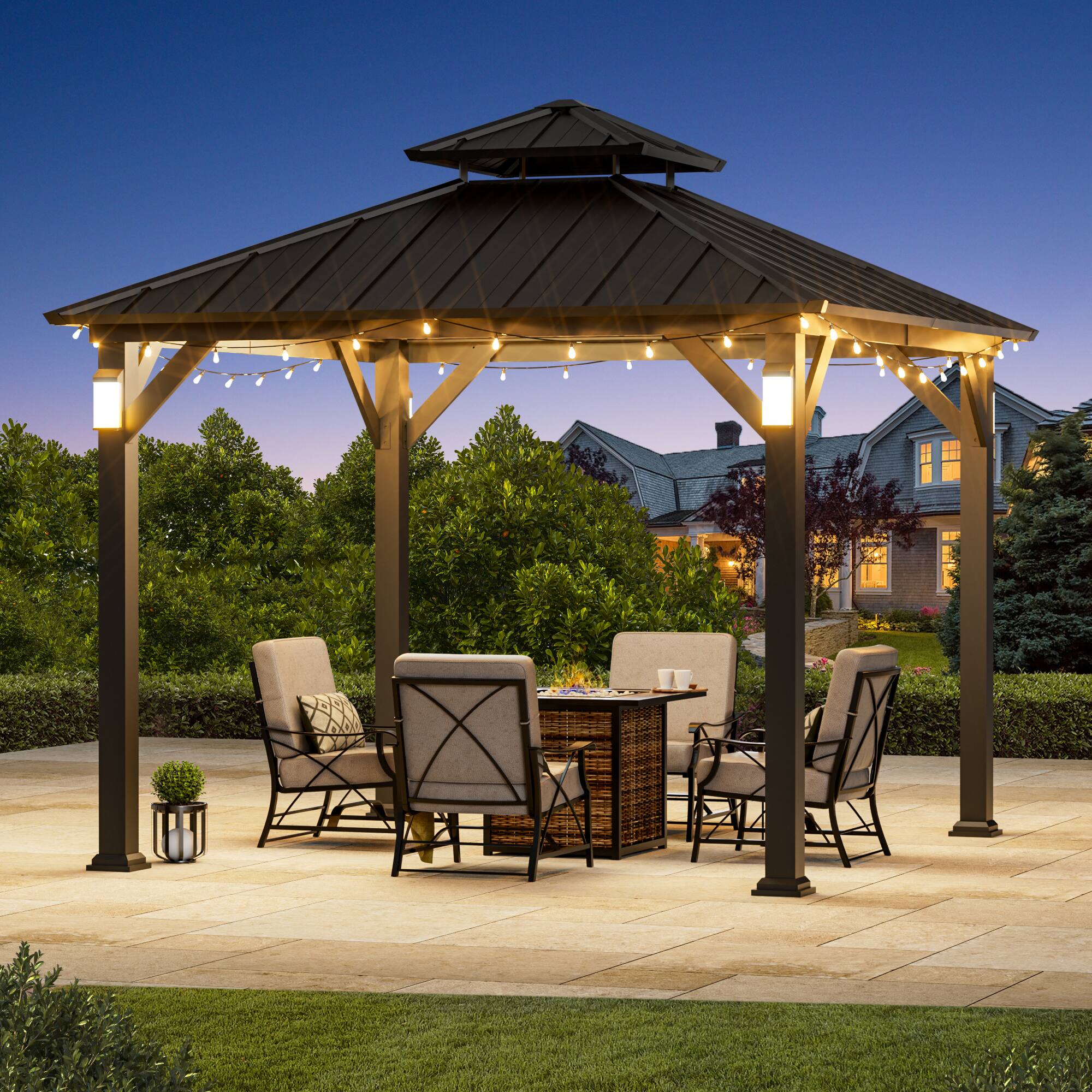 Angle. Modern Shade Outdoor Living Spaces - Modern Shade Hardtop Gazebo 10' x 10', Permanent Metal Gazebo with 4 LED Lights, Galvanized Steel Roof & Frame - Black.